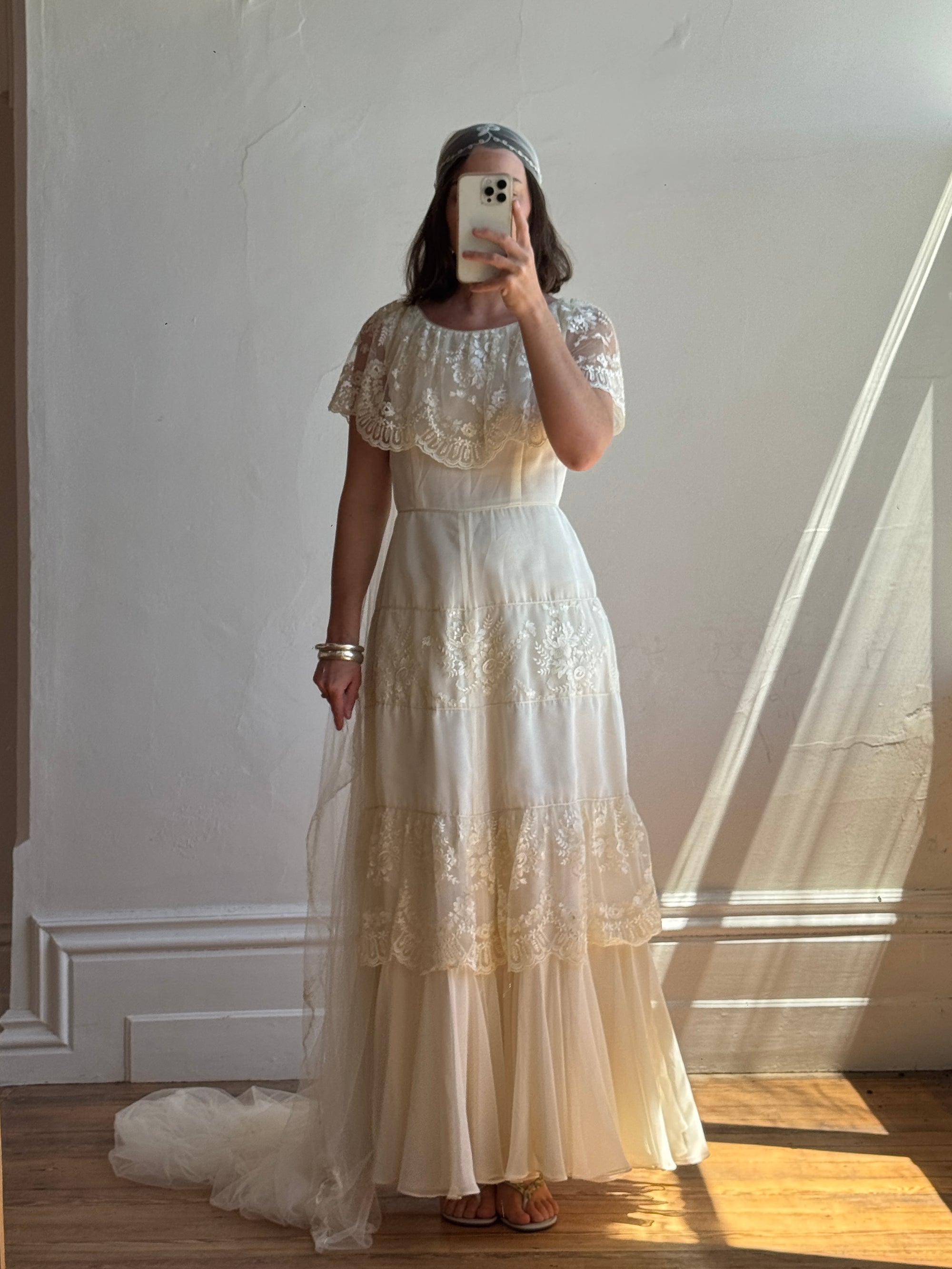 Vintage 70s Creme Tiered Lace Wedding Dress with Pleats