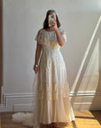 Vintage 70s Creme Tiered Lace Wedding Dress with Pleats