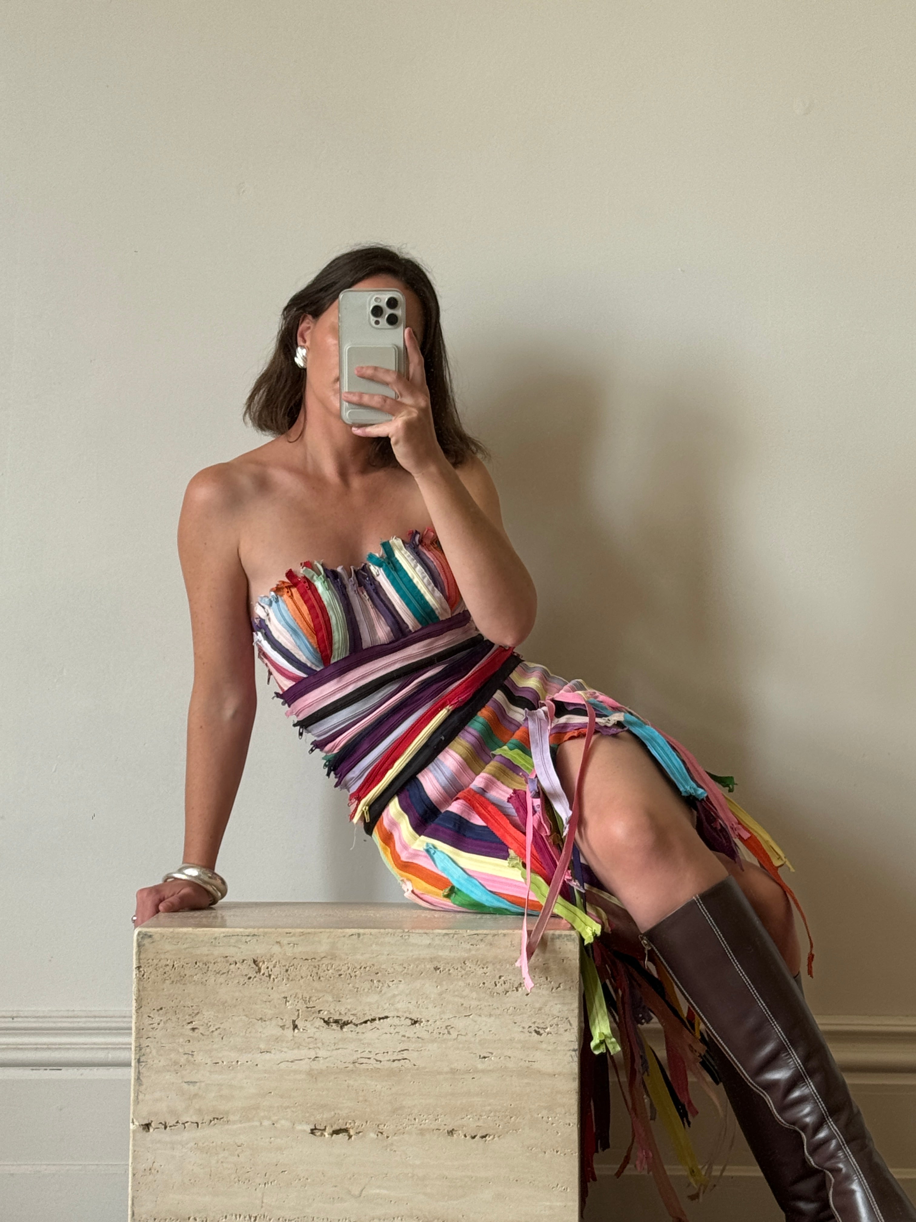 Vintage 90s Multi Coloured Zipper Low Rise Bustier Dress
