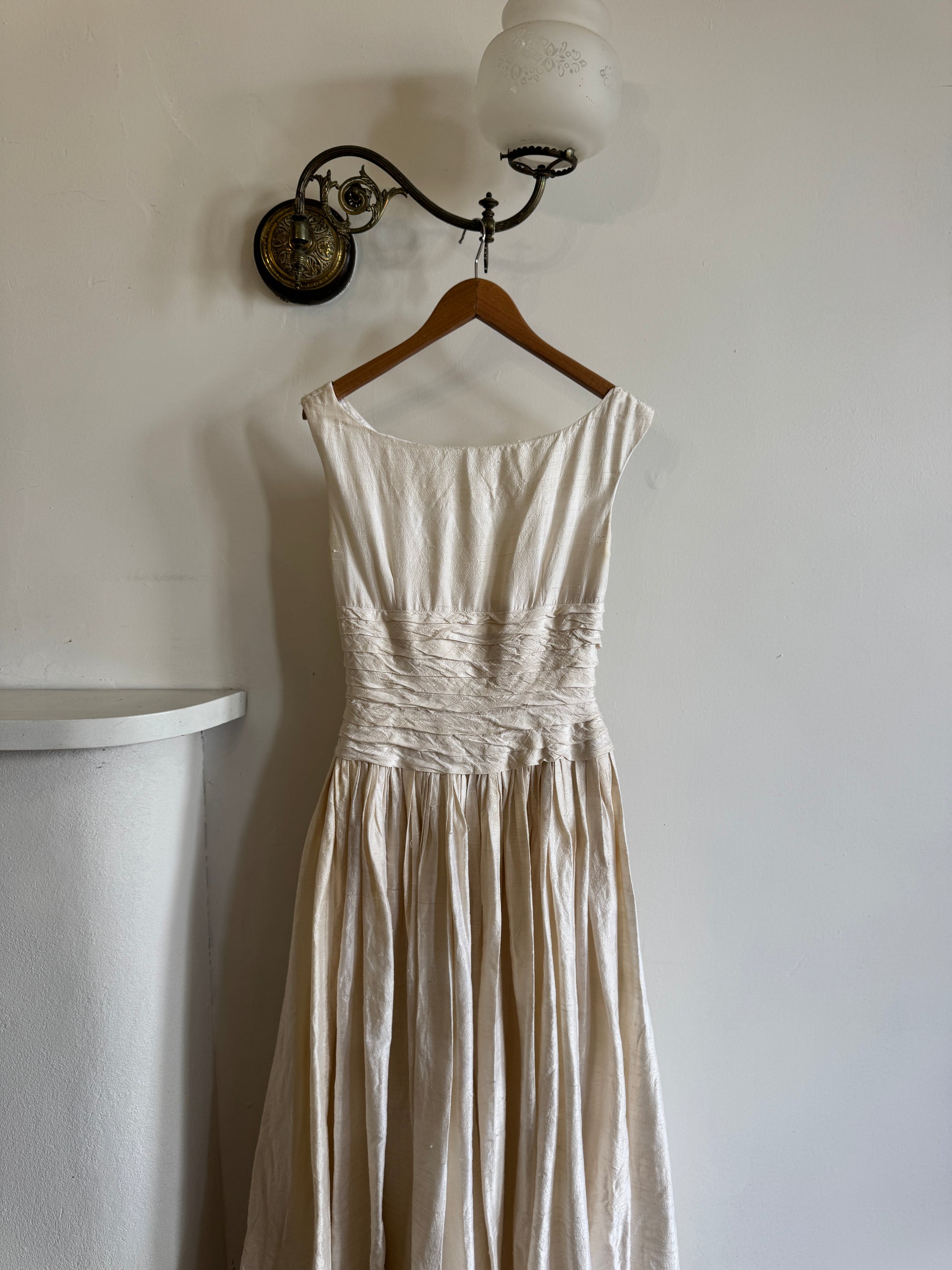 Vintage 90s Pure Silk Pleated Waist Wedding Dress