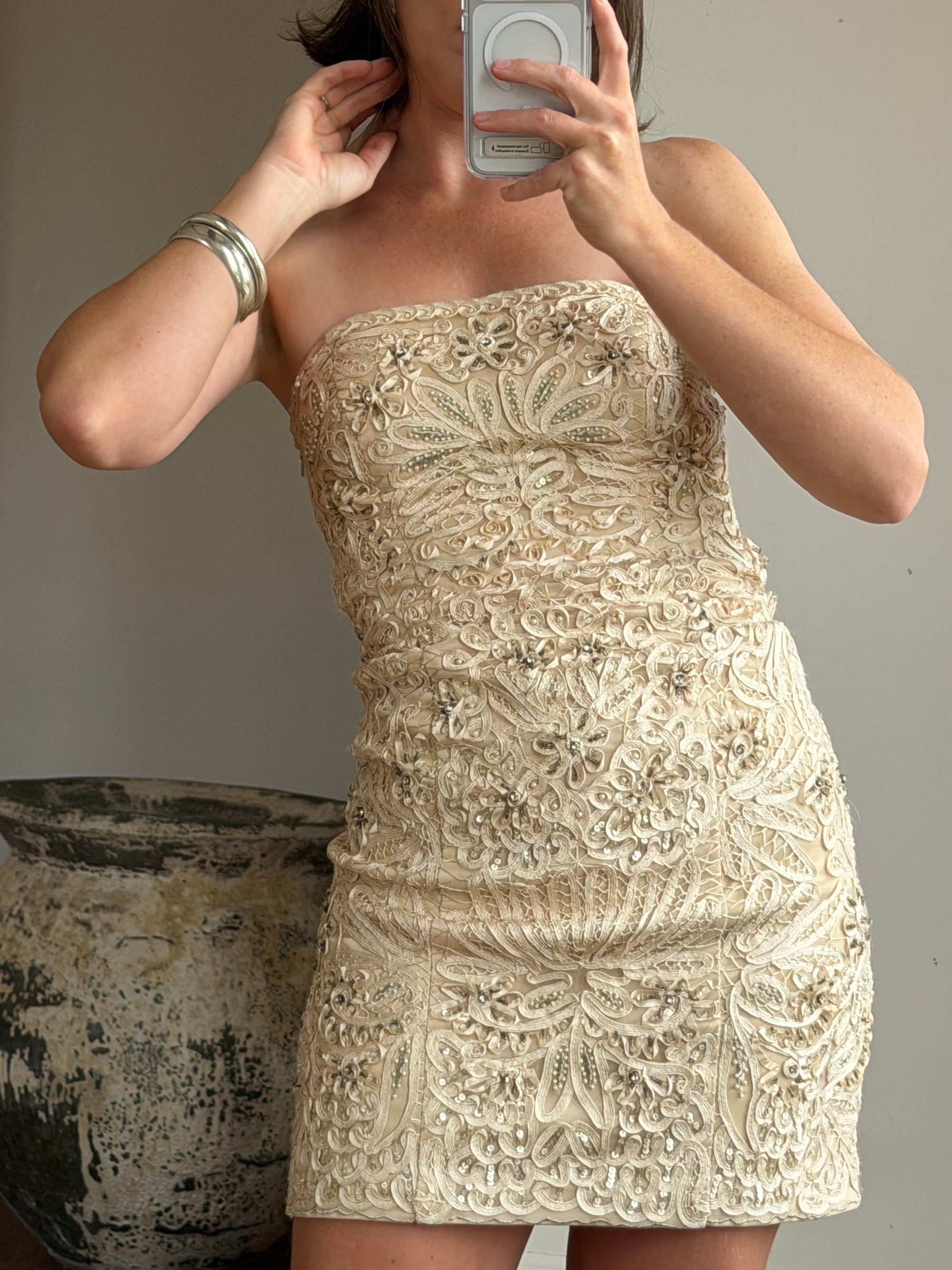 Vintage 90s Crochet Ribbon Embroidered Strapless Mini