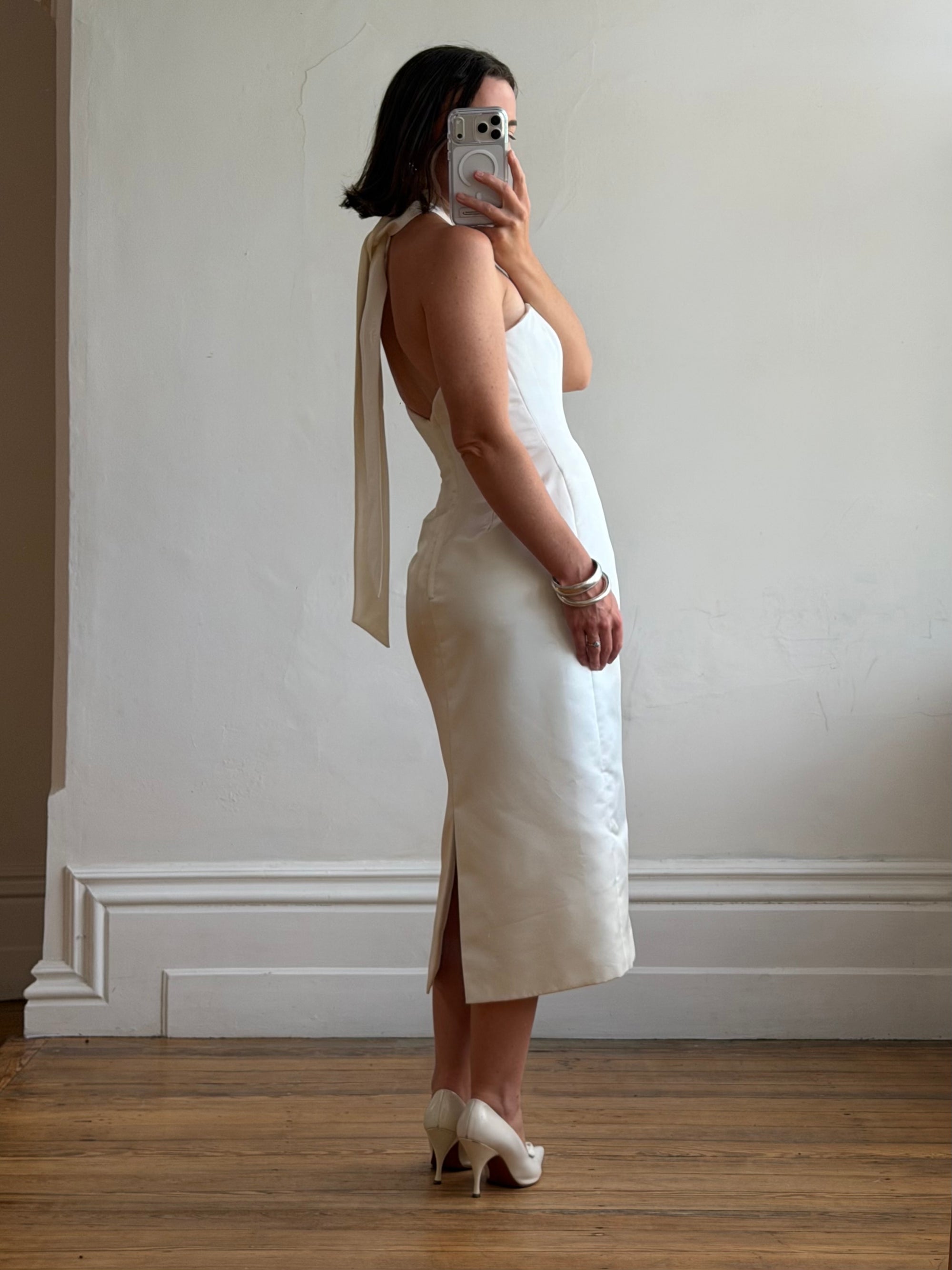 Vintage 90s Satin Strapless Bridal Midi With Neck Tie