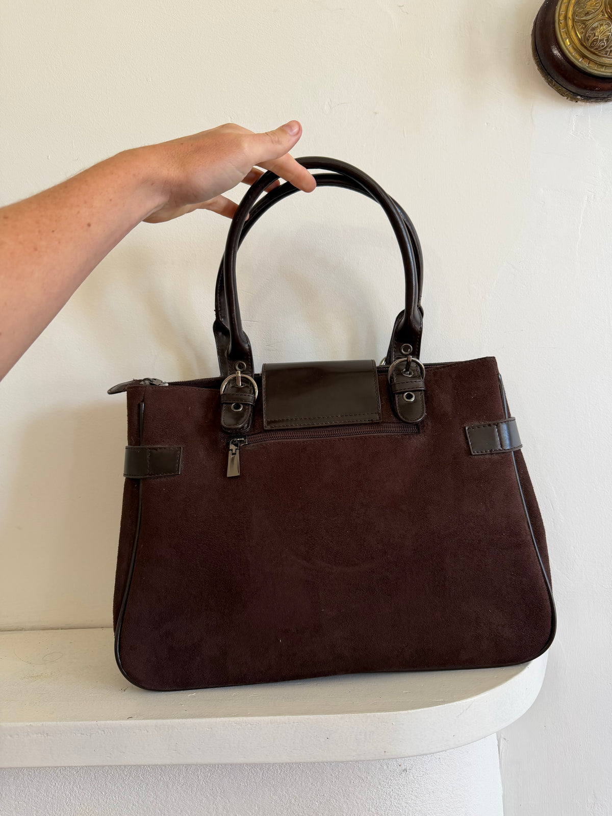 Vintage 90s Chocolate Suede Leather Buckle Handbag