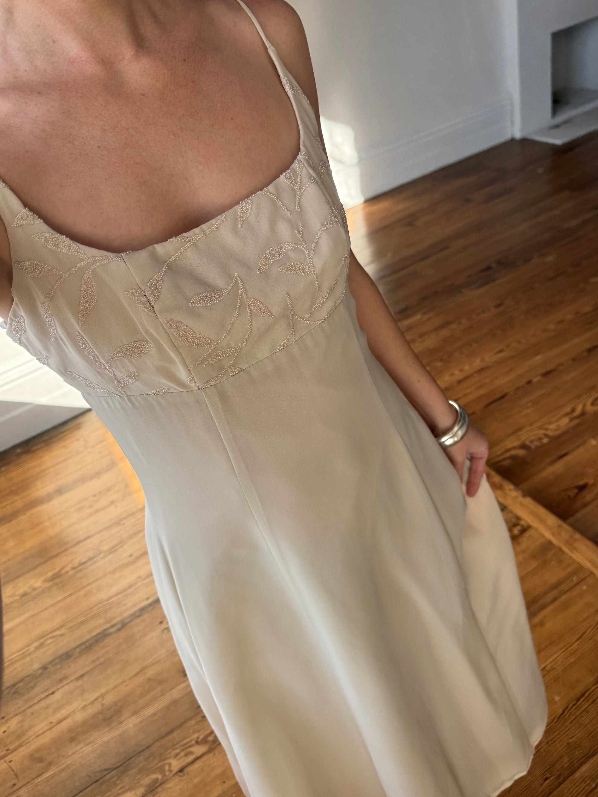 Vintage 90s Nude Lace Up Slip Dress with Beaded Embellishment