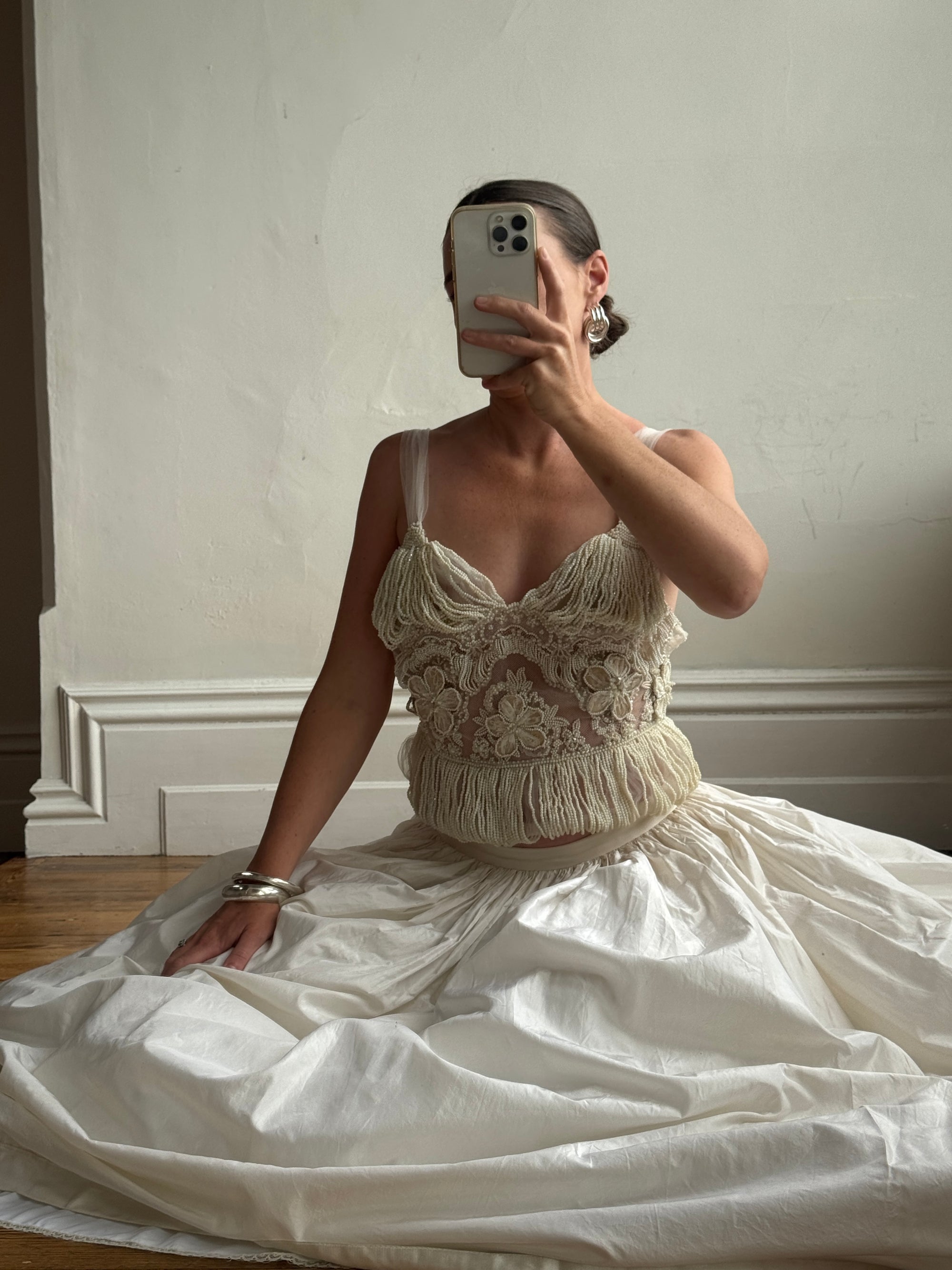 Vintage 90s Two Piece Tulle Beaded Top and Princess Silk Satin Skirt
