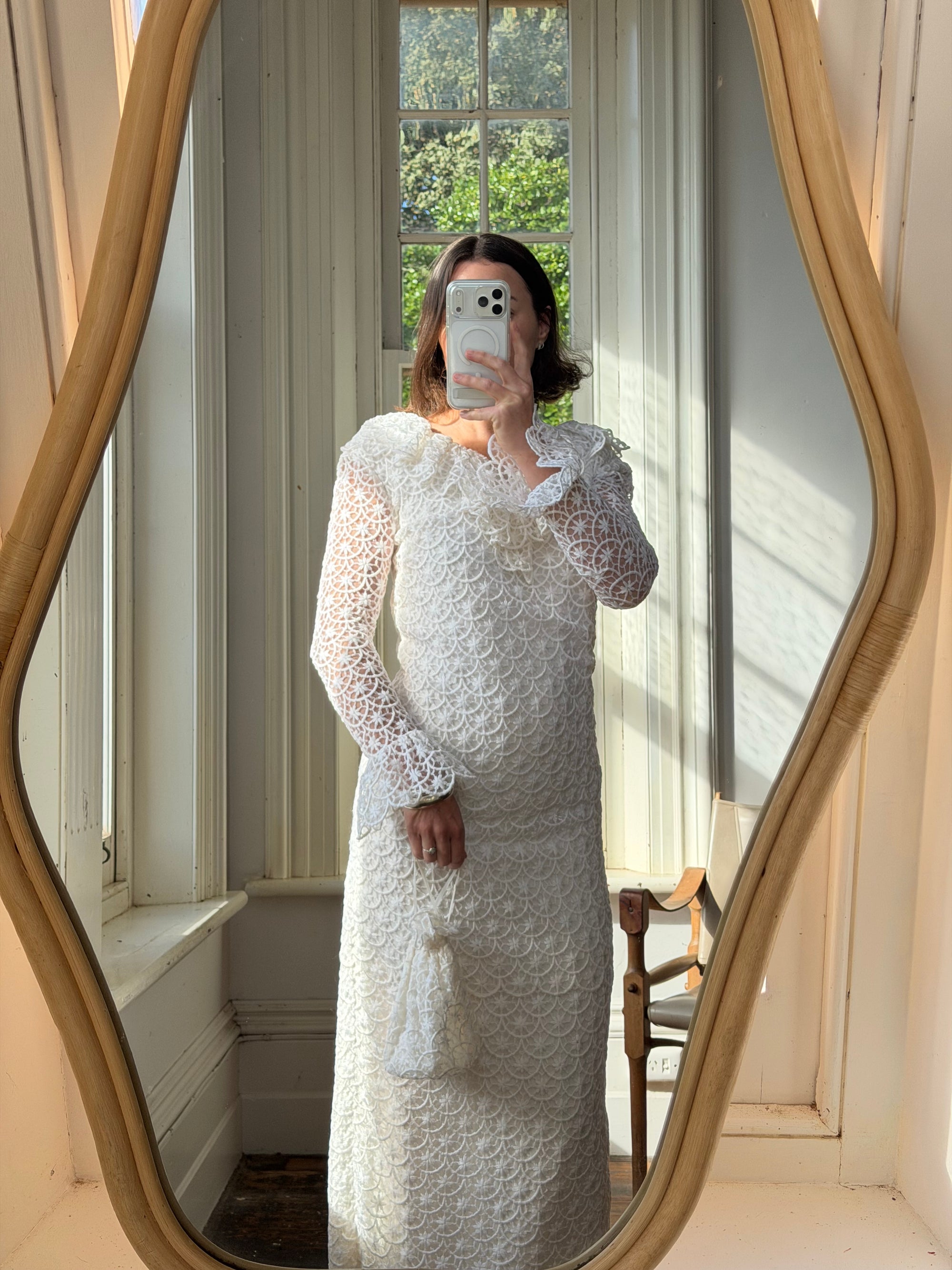 Vintage 90s Italian Crochet Column Frill Dress with Matching Bag