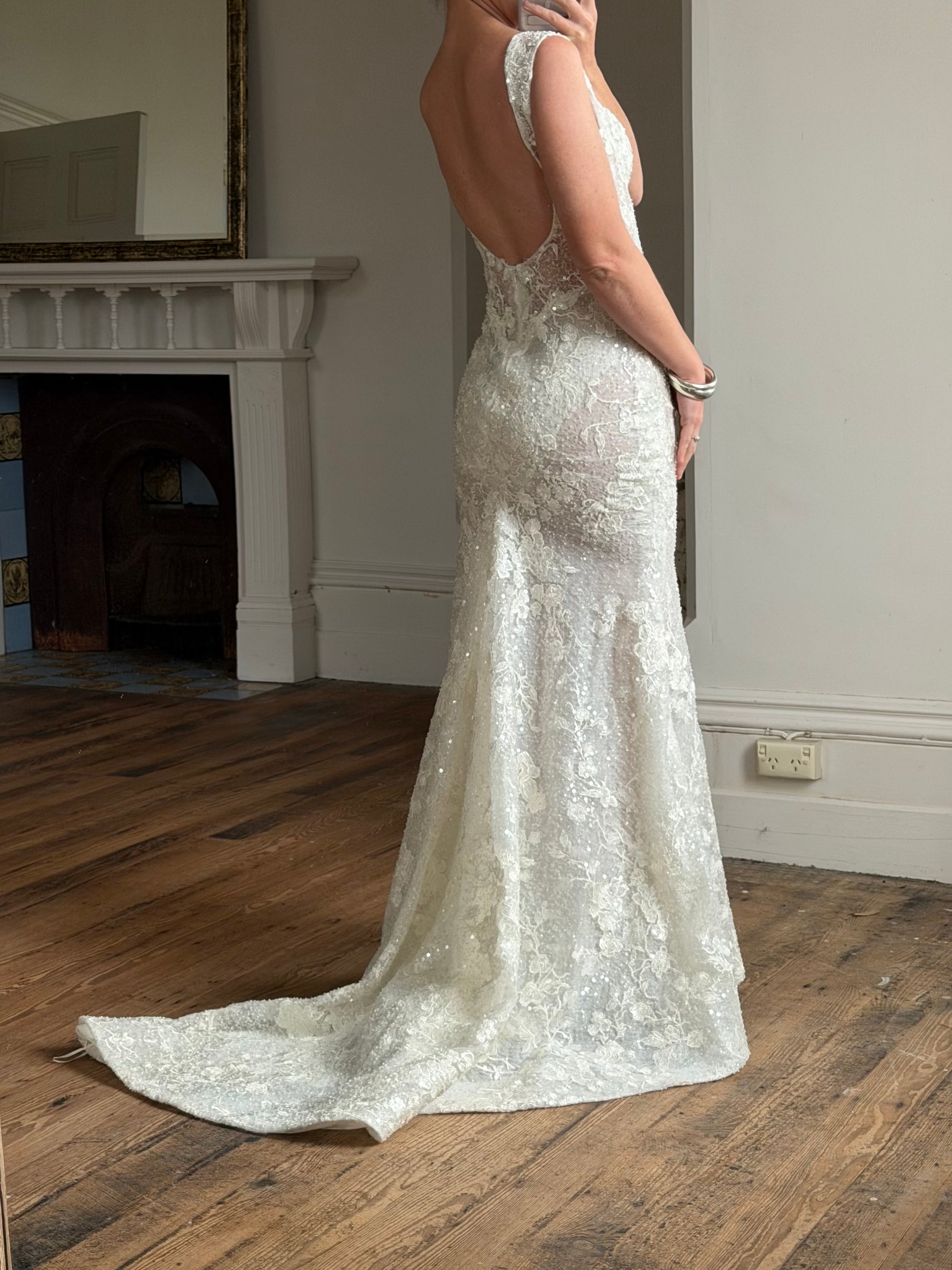 Vintage Y2K Italian Sheer Embroidered Naked Bustier Wedding Gown