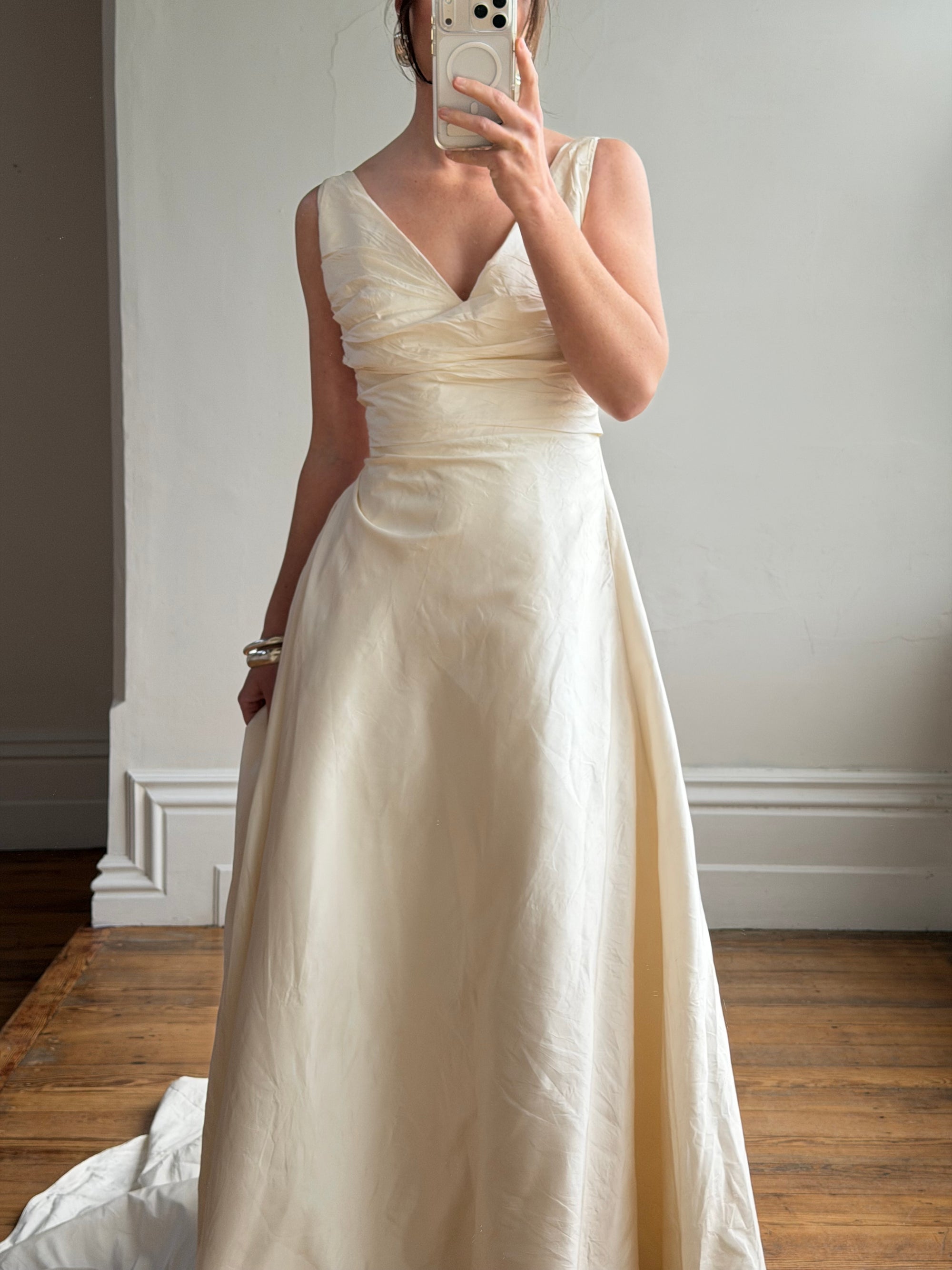 Vintage 90s Ivory Silk V-Neck A-Line Wedding Gown