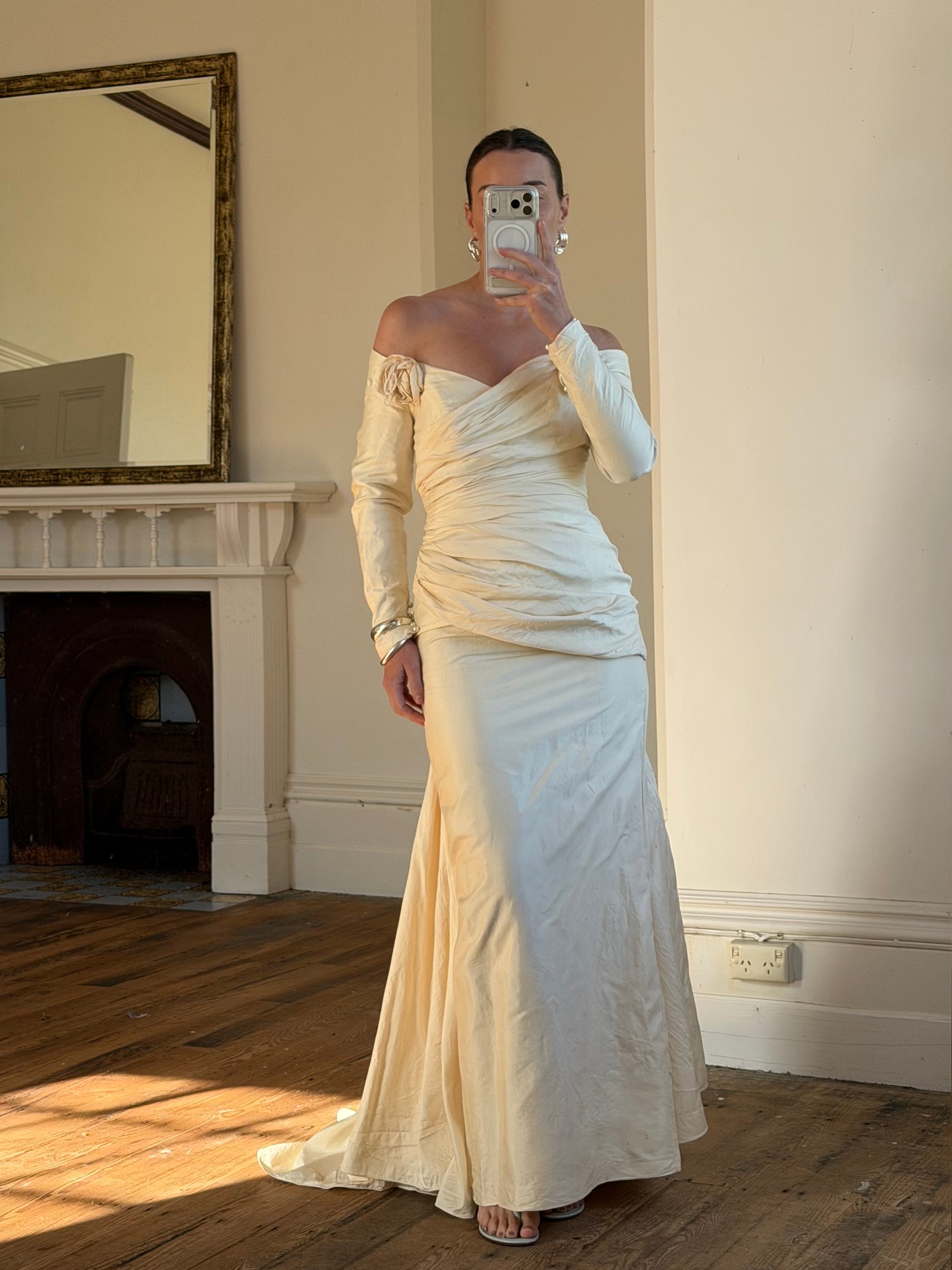 Vintage 90s Silk Rosette Off Shoulder Gown With Bow Train