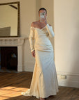Vintage 90s Silk Rosette Off Shoulder Gown With Bow Train