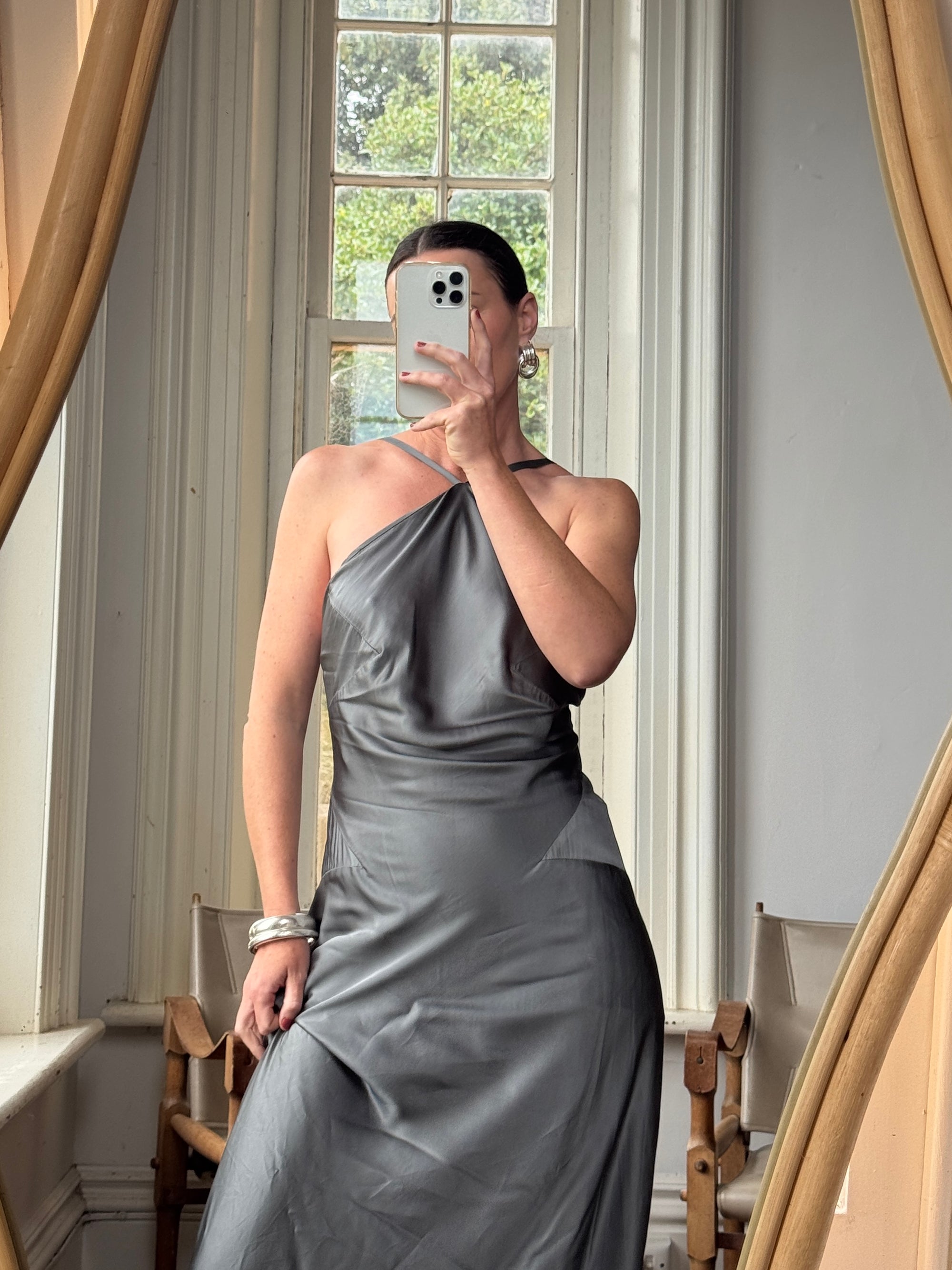Vintage 90s Slinky Halter Bias Slip Gown Gunmetal