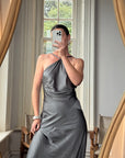 Vintage 90s Slinky Halter Bias Slip Gown Gunmetal