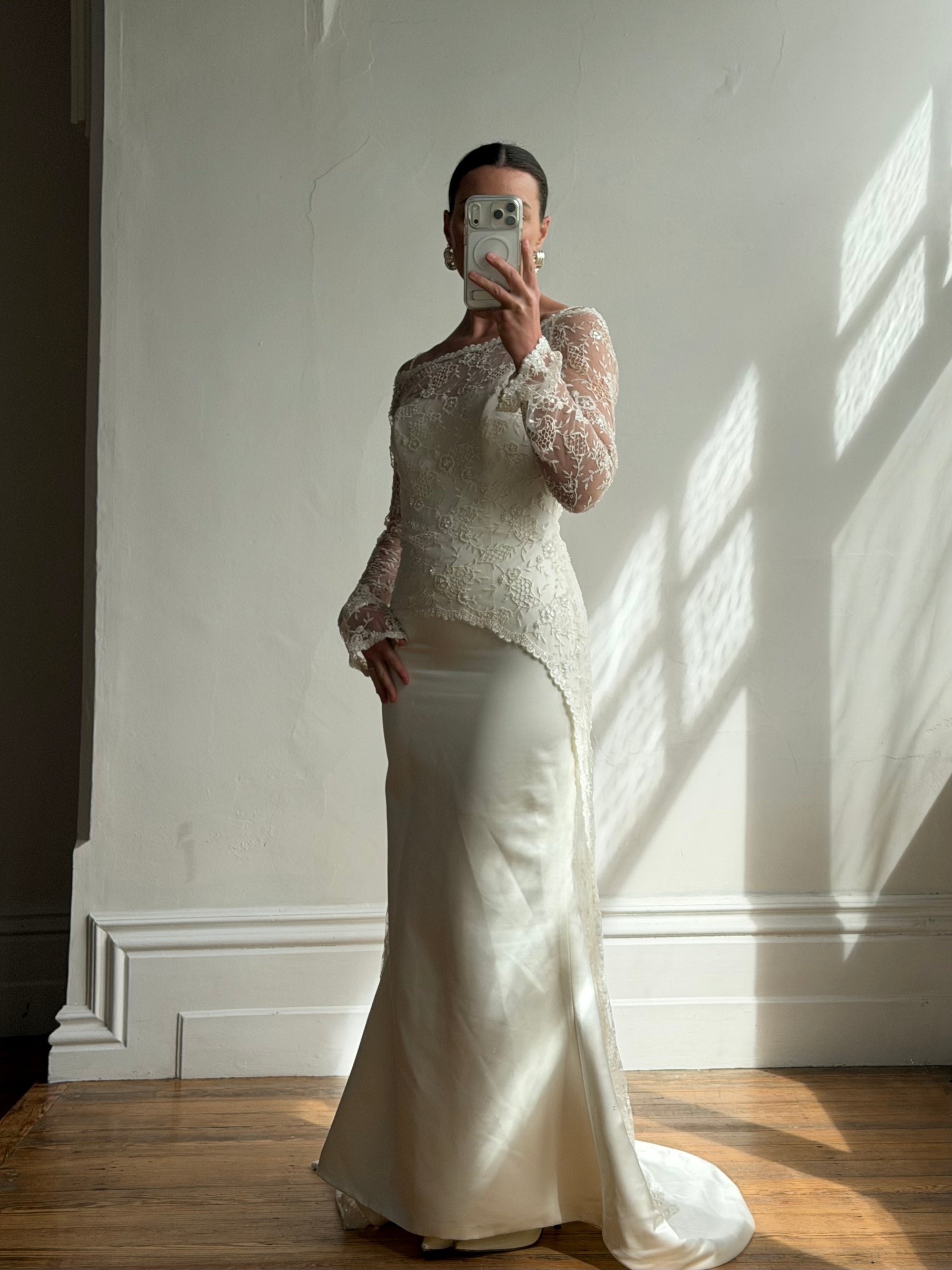 Vintage 90s Italian Beaded Lace and Satin Wedding Gown