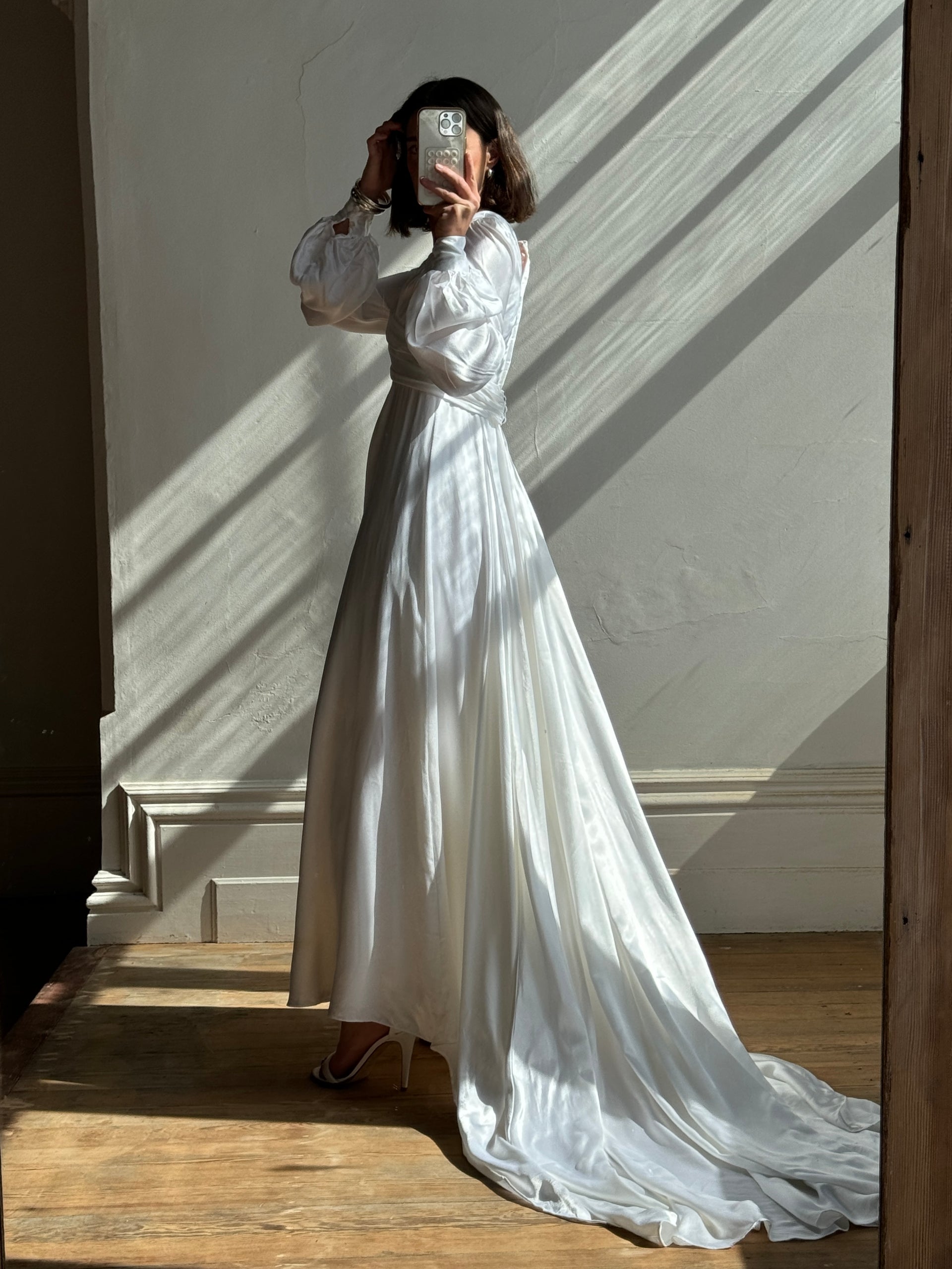 Vintage 60s Ivory Satin Draped Wedding Dress With Train Call Me The Breeze Vintage 60s Ivory Satin Draped Wedding Dress With Train Call Me The Breeze