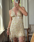 Vintage Y2K Pure Silk Sequin Tassel Disco Dress