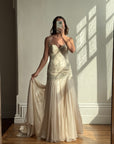 Vintage 90s Pure Silk Drop Waist Beaded Halter Gown with Cathedral Train