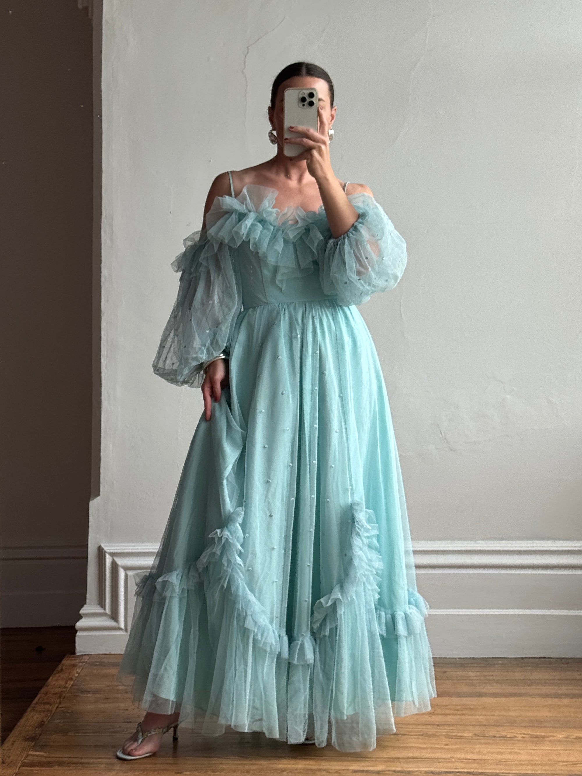 Vintage 80s Sky Blue Tulle Off Shoulder Party Dress