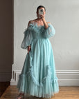 Vintage 80s Sky Blue Tulle Off Shoulder Party Dress