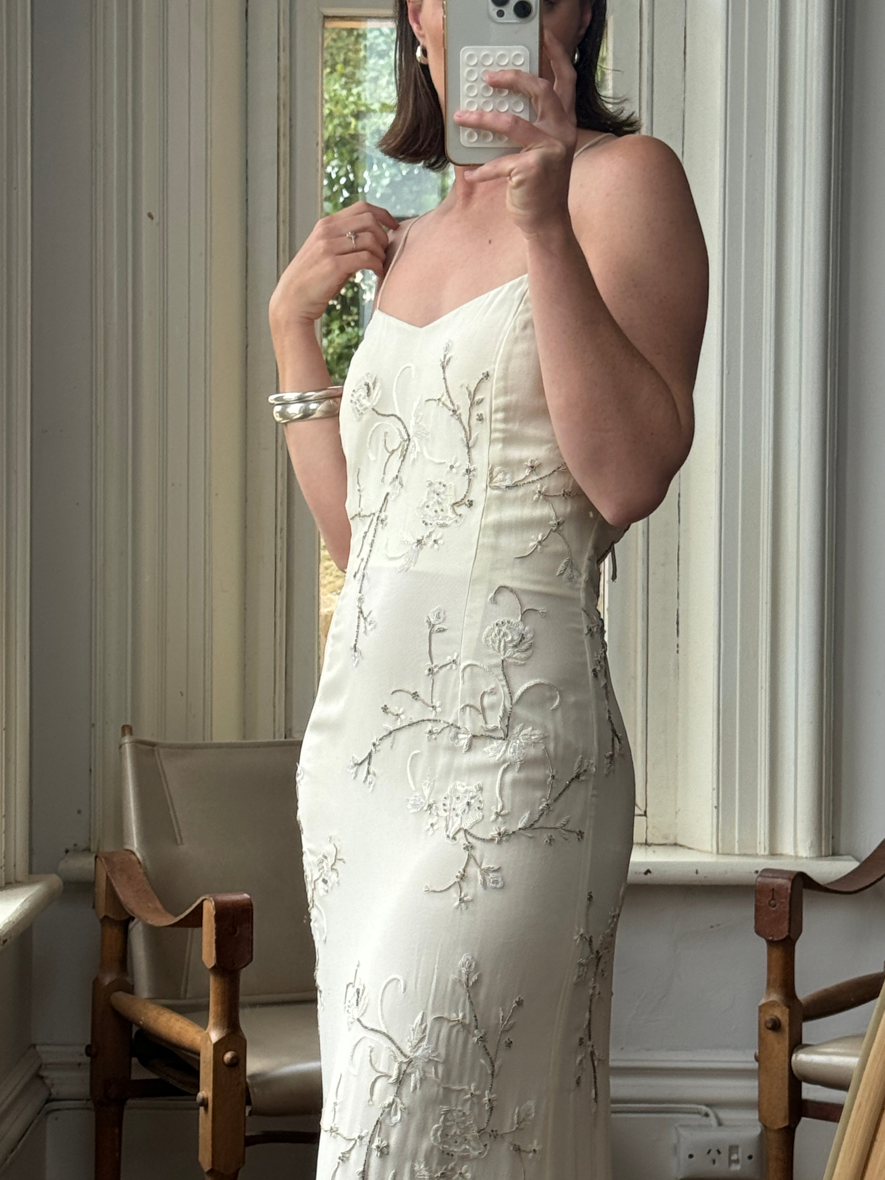 Vintage 90s Pure Silk Slip Embellished Gown