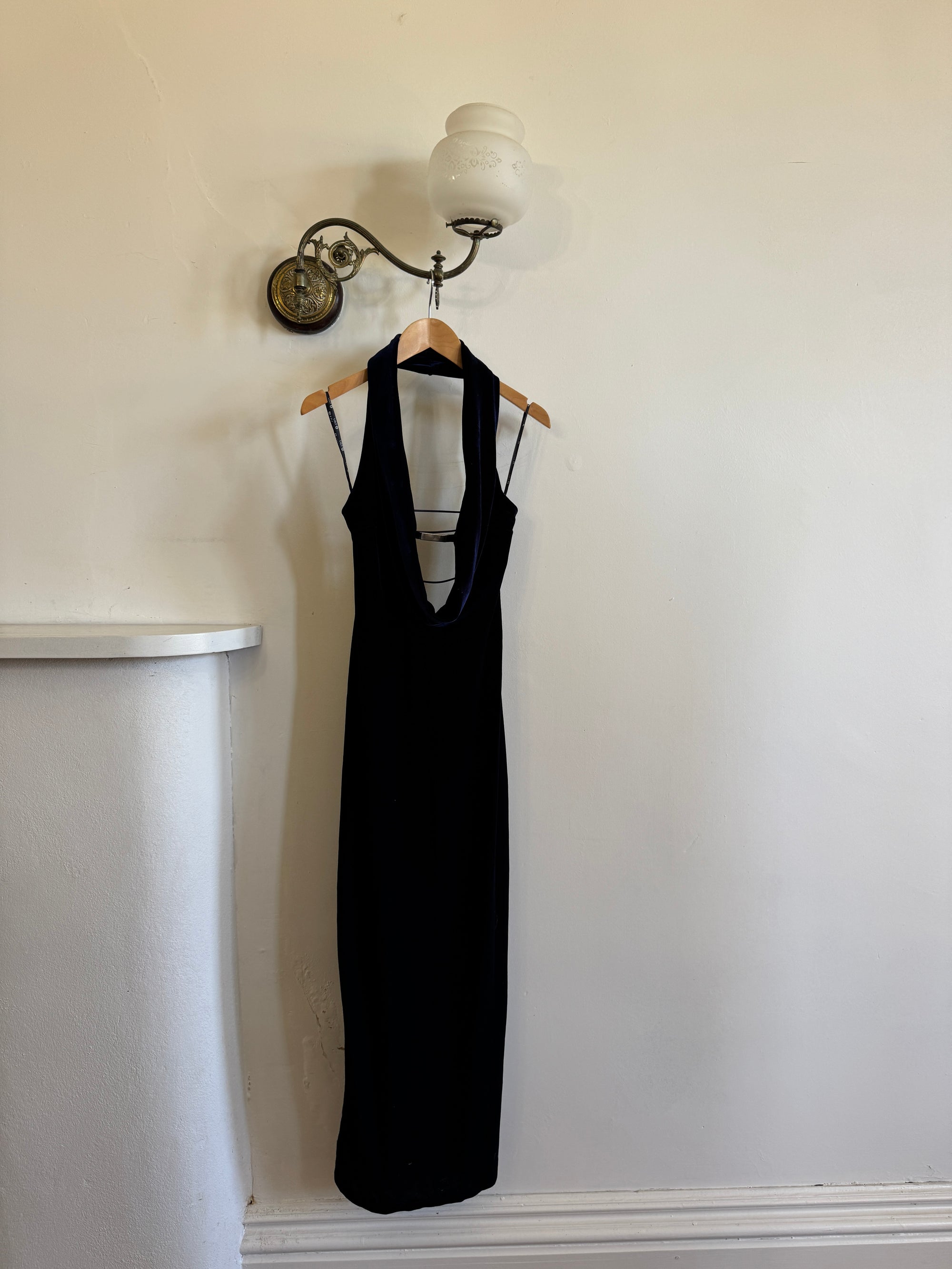 Vintage 90s Plunging Navy Velvet Bodycon Dress with Silver Hardware