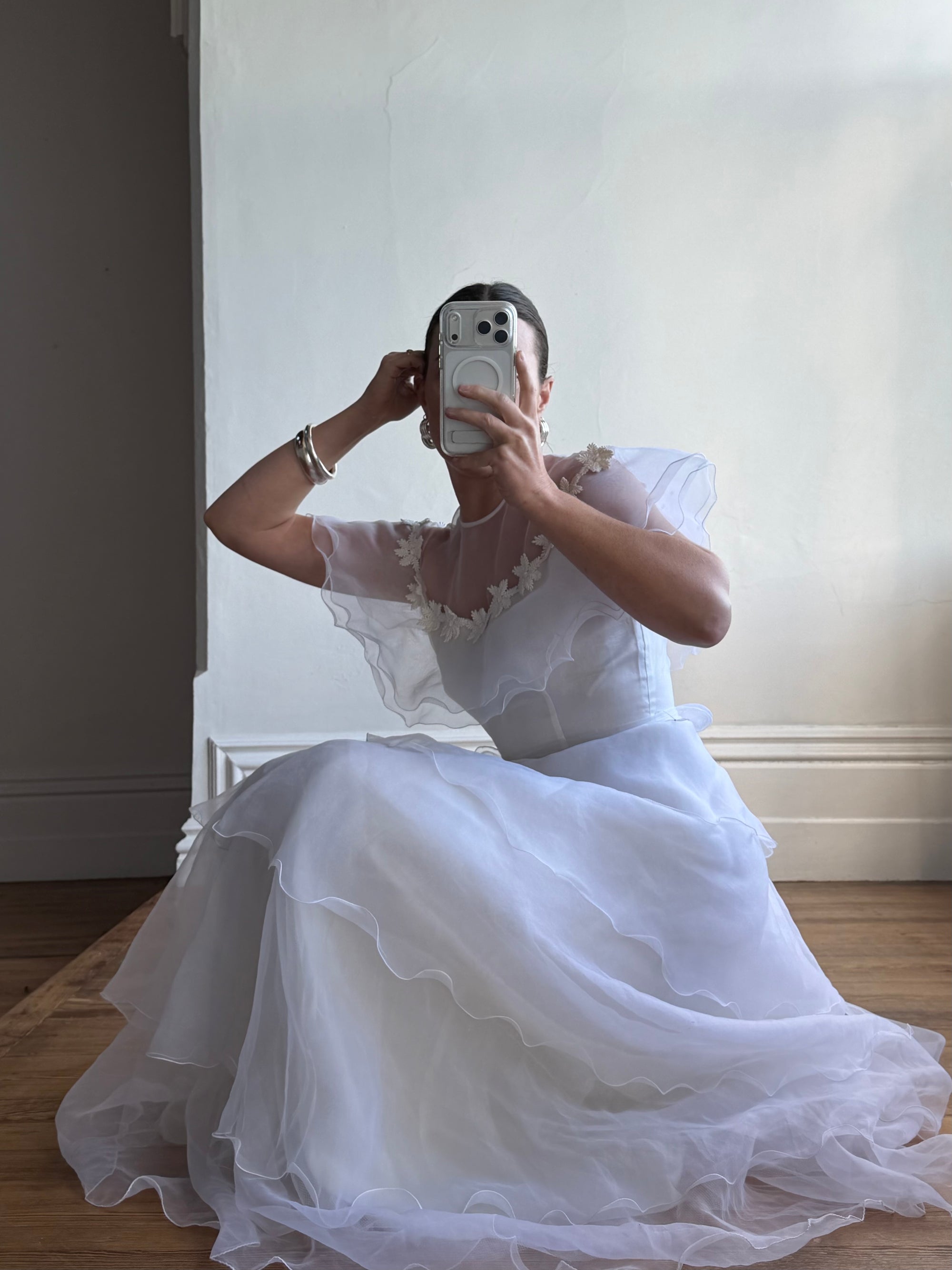 Vintage 70s Tiered Organza Prairie Daisy Wedding Dress