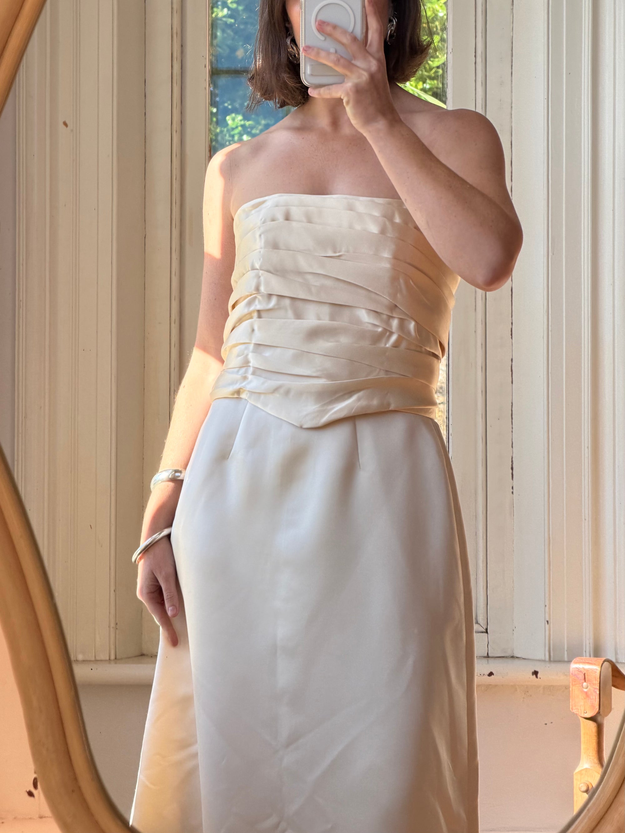 Vintage 90s Ruched Satin Two Piece Bridal Set Champagne