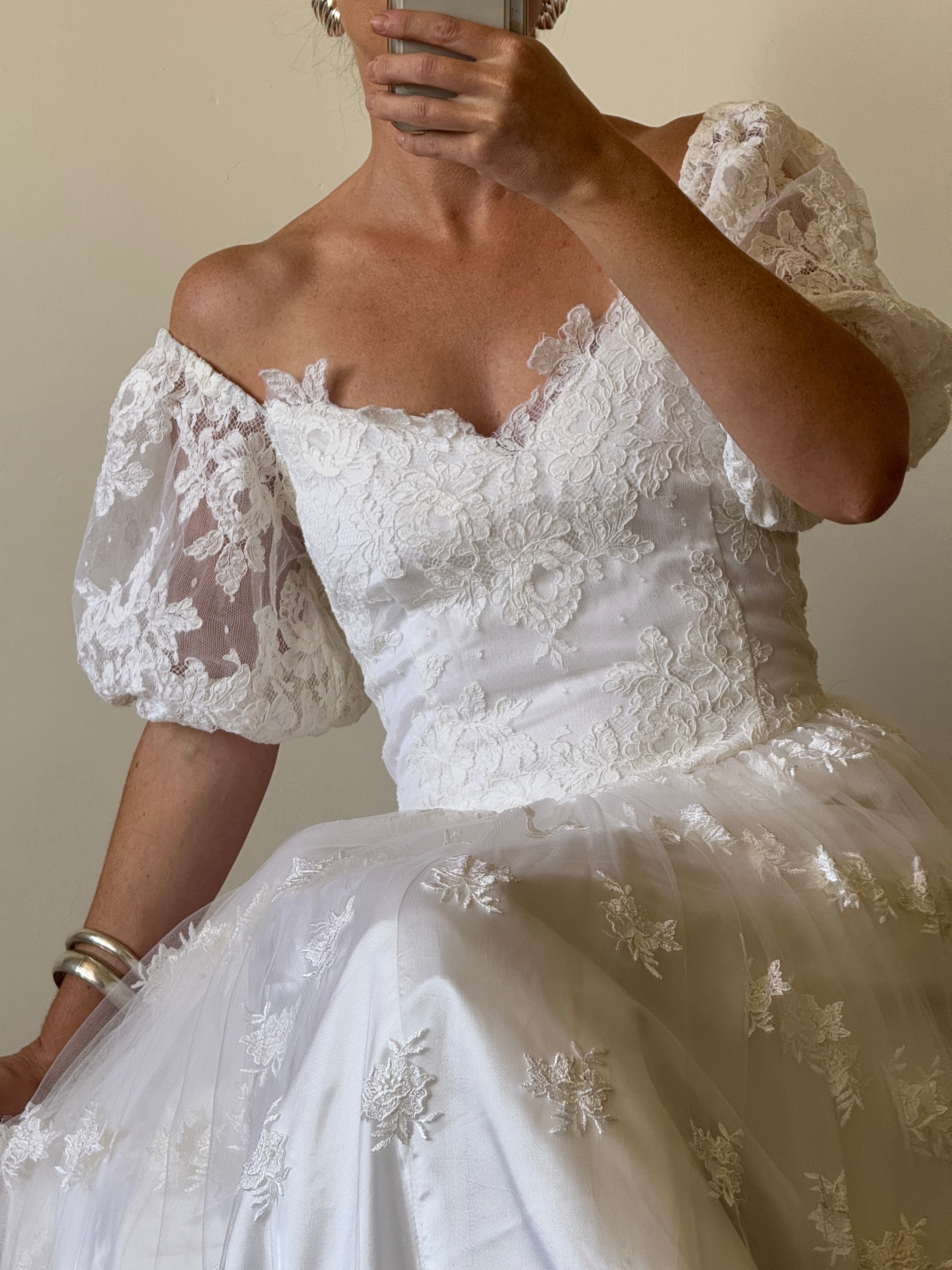 Vintage 80s Lace Off The Shoulder Tulle Wedding Gown