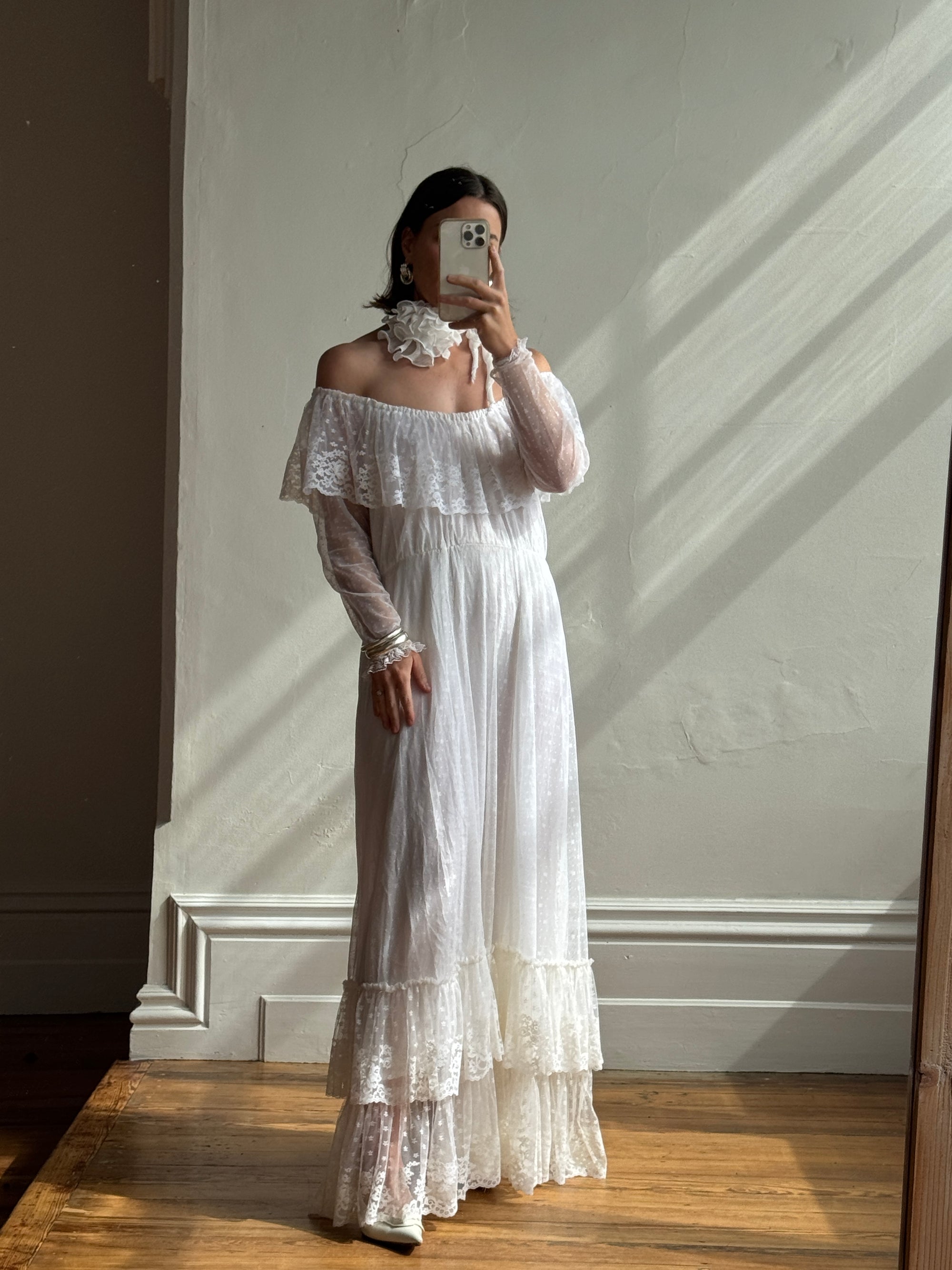 Vintage 70s Australian Made Off Lace Frill Wedding Gown