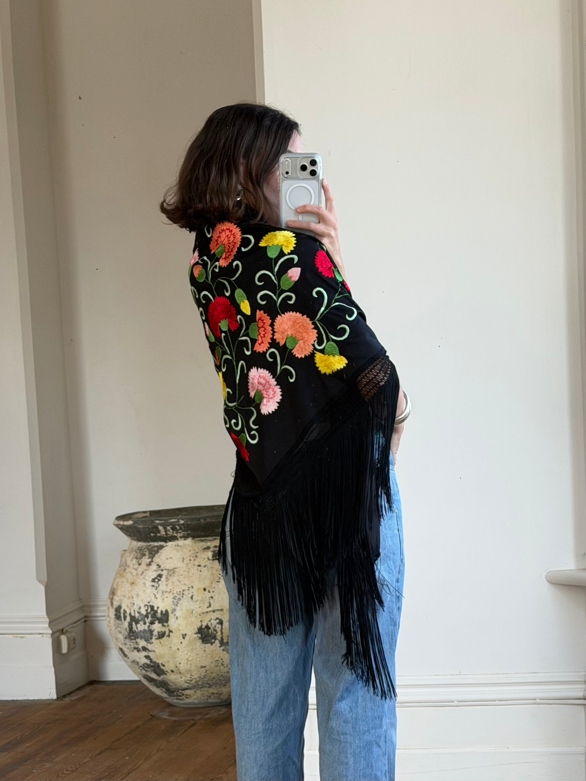 Vintage Embroidered Large Spanish Flamenco Scarf Noir