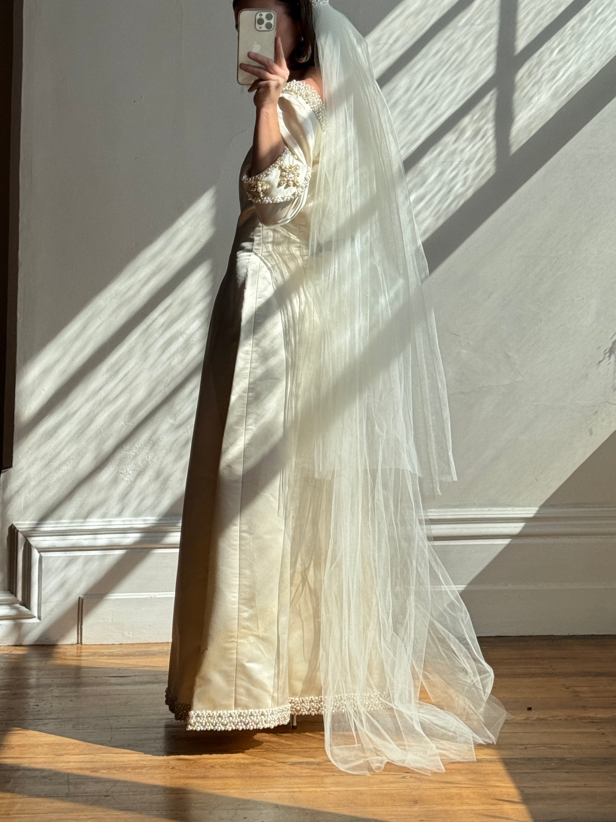 Vintage 90s Pure Silk Satin Baroque Scoop Neck Wedding Gown and Veil