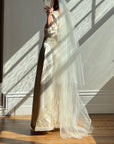 Vintage 90s Pure Silk Satin Baroque Scoop Neck Wedding Gown and Veil