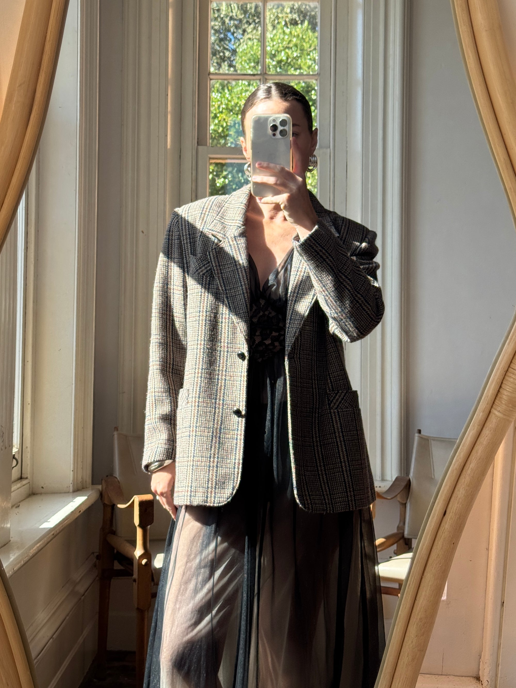 Vintage 80s Wool Blend Plaid Blazer Navy Brown