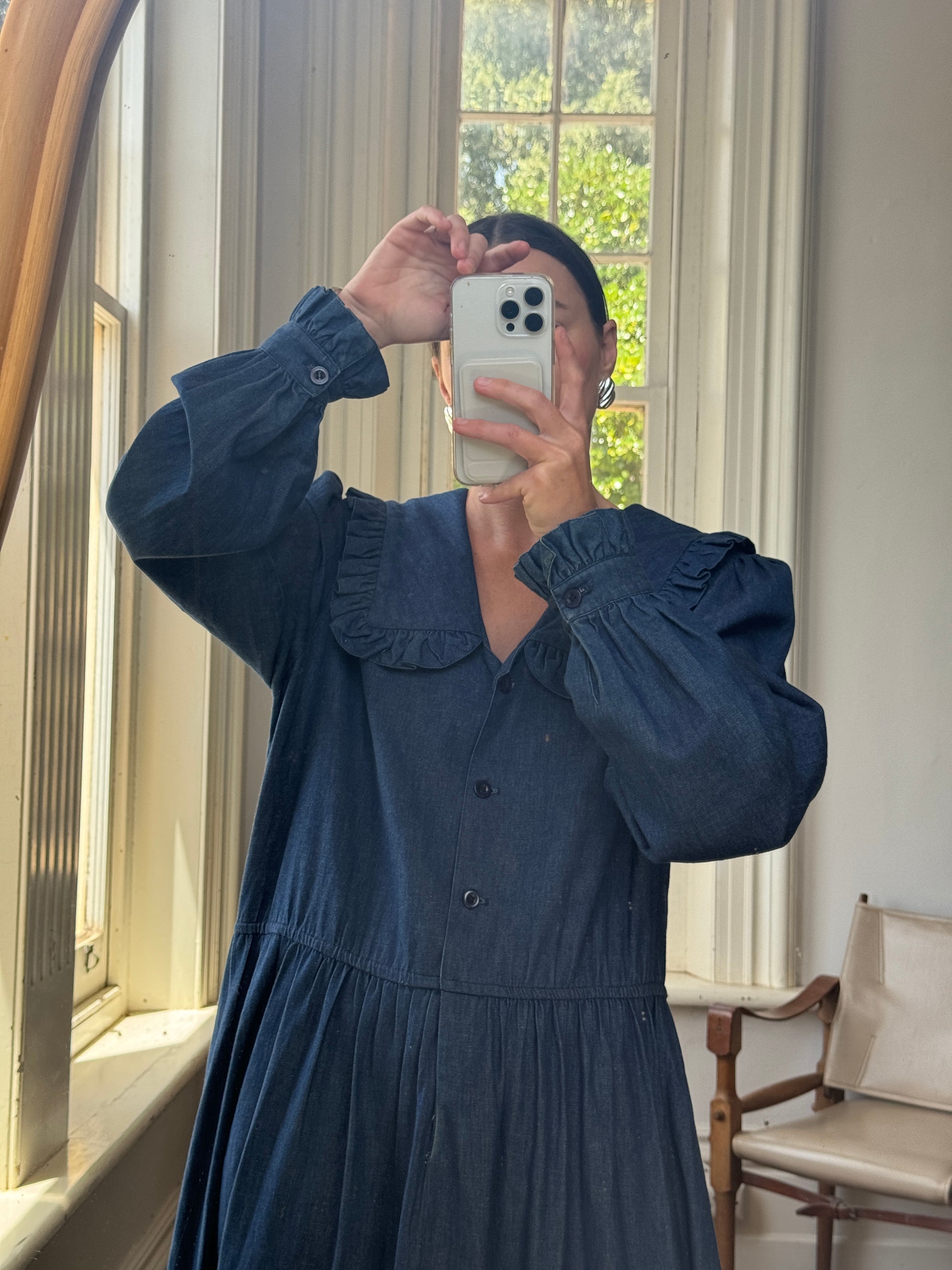 Vintage 80s Giant Collar Chambray Dress Navy