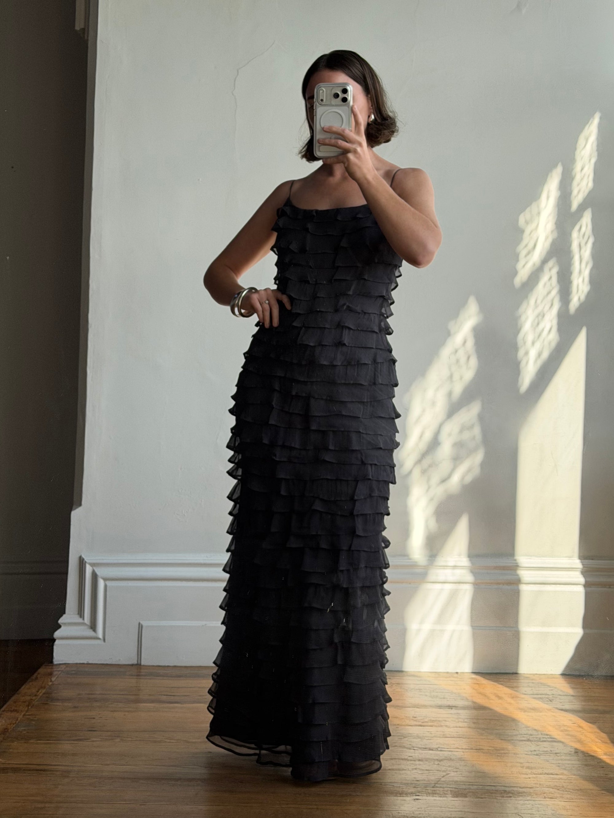 Vintage 90s Pure Silk Tiered Ruffle Dress Navy