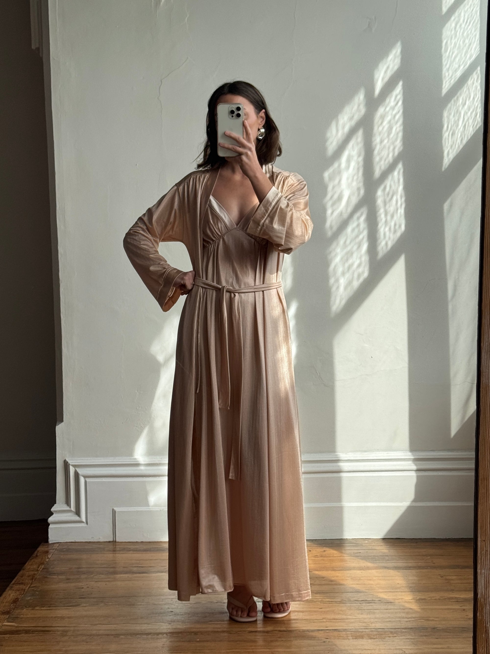 Vintage 80s Champagne Peach Robe and Slip Set