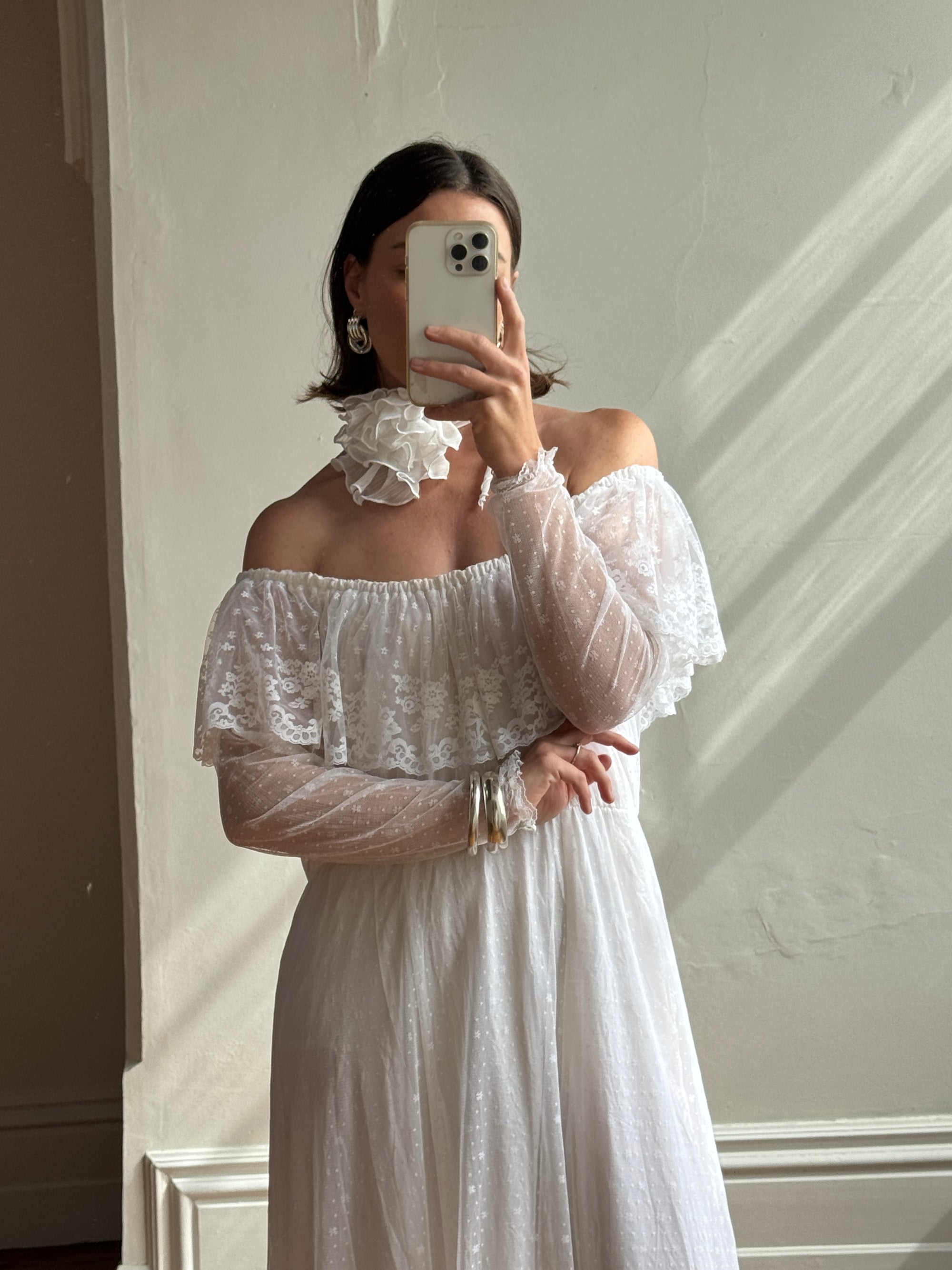 Vintage 70s Australian Made Off Lace Frill Wedding Gown