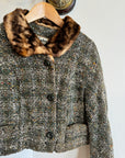 Vintage Olive Tweed Cropped Coat with Faux Fur Collar