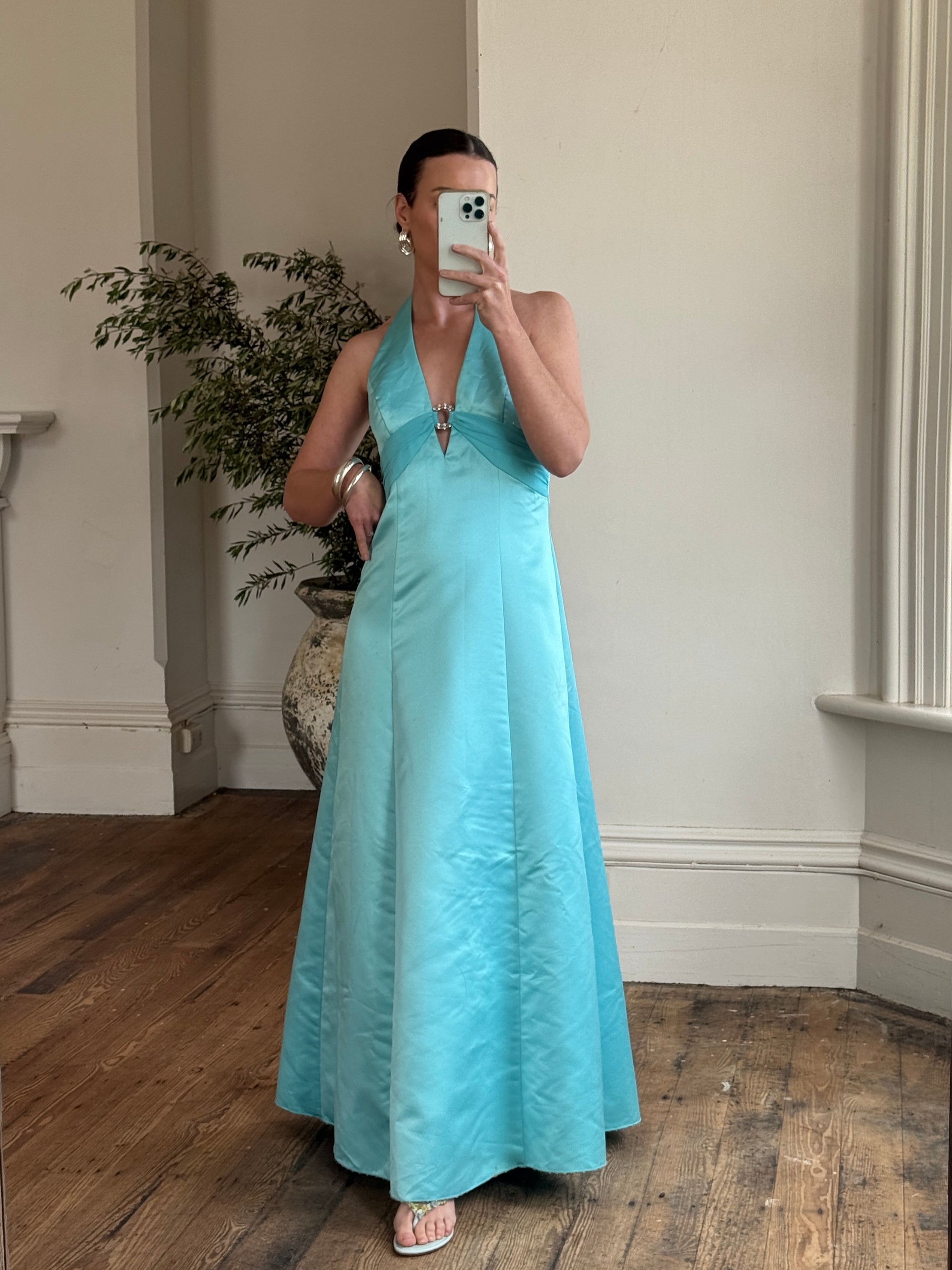 Vintage 90s A-Line Aqua Prom Dress with Rhinestones