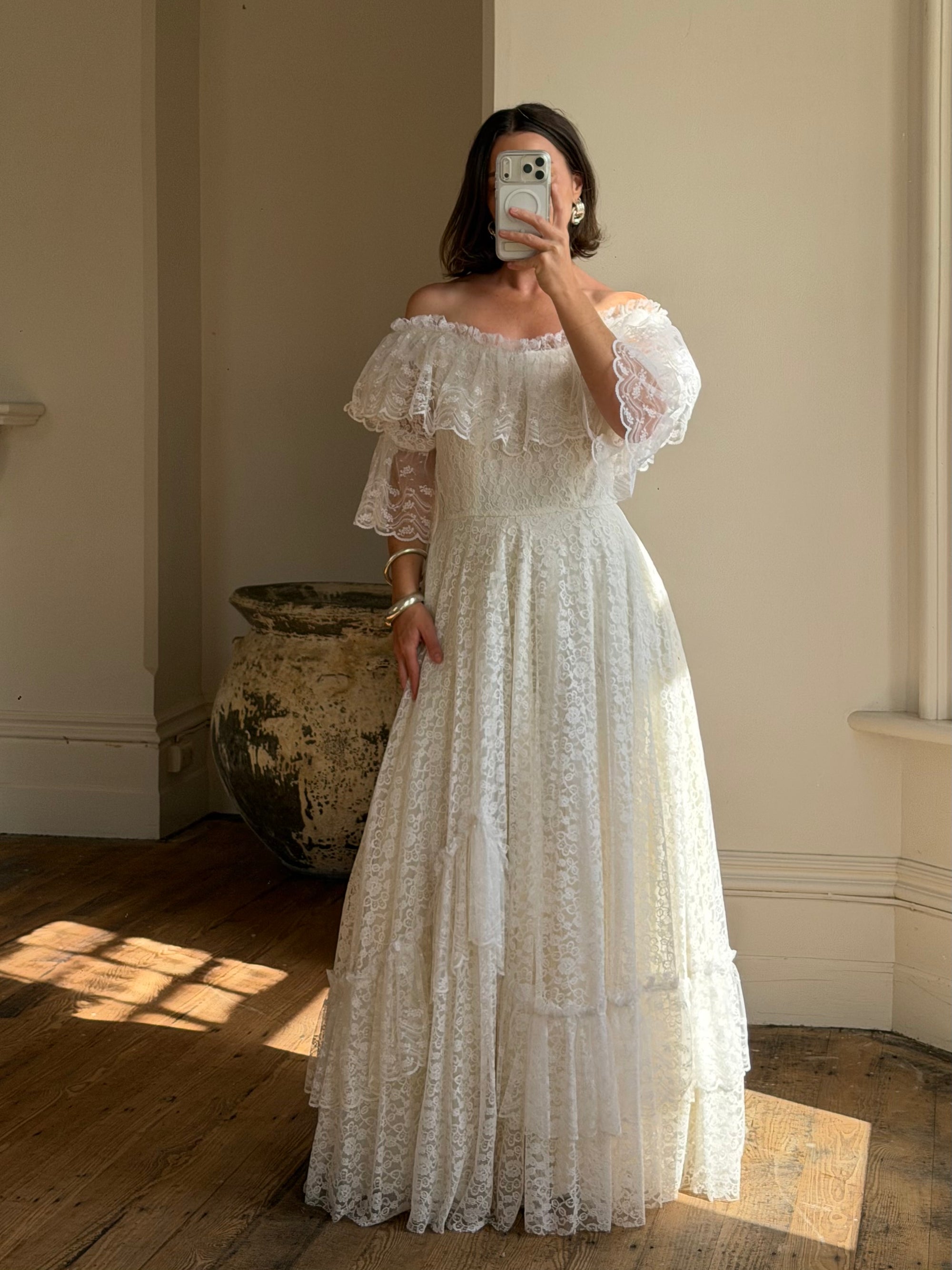 Vintage 70s Lace Prairie Wedding Dress