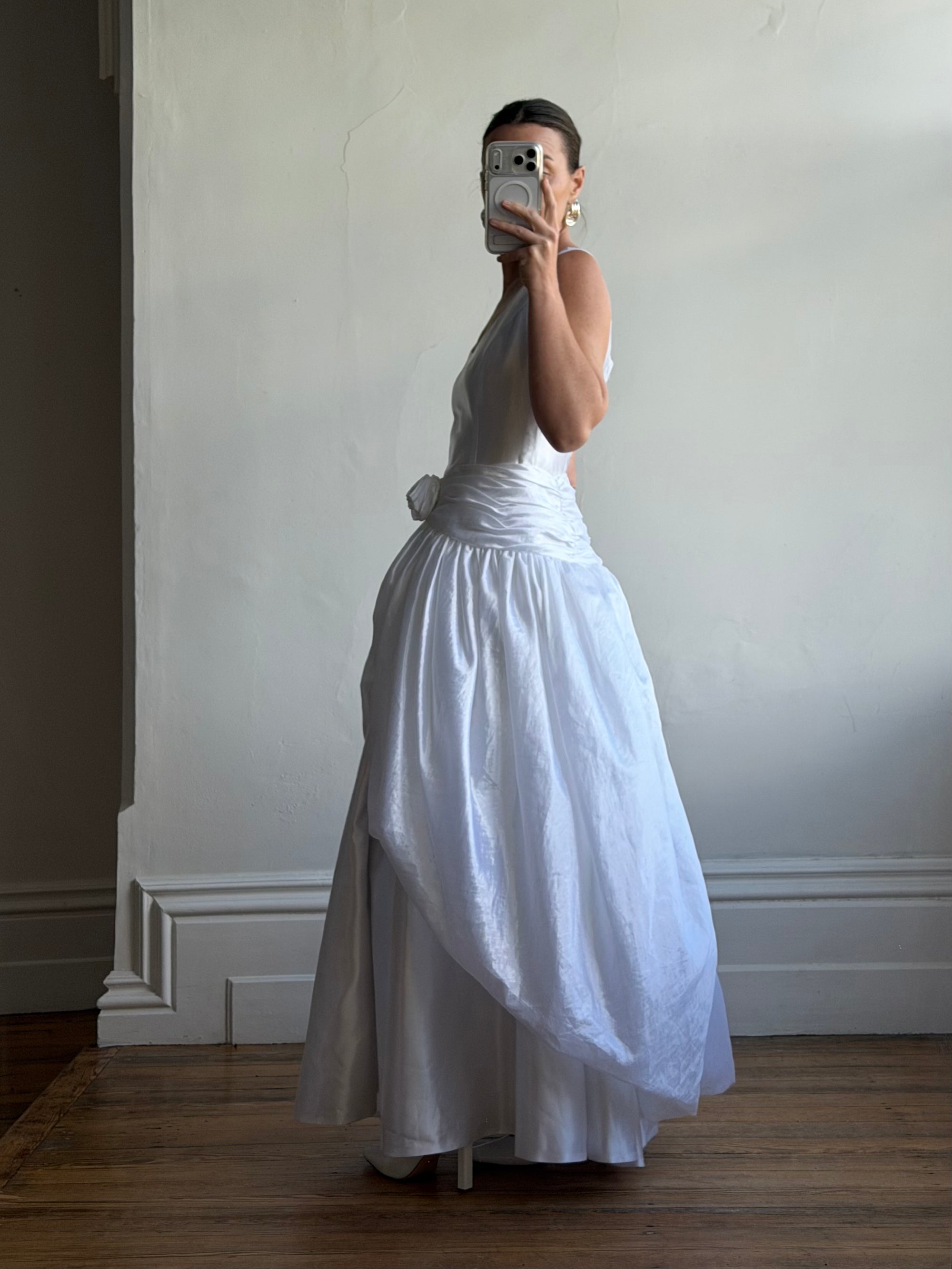 Vintage 90s Strappy Wedding Dress With Rosette Cape Pearl