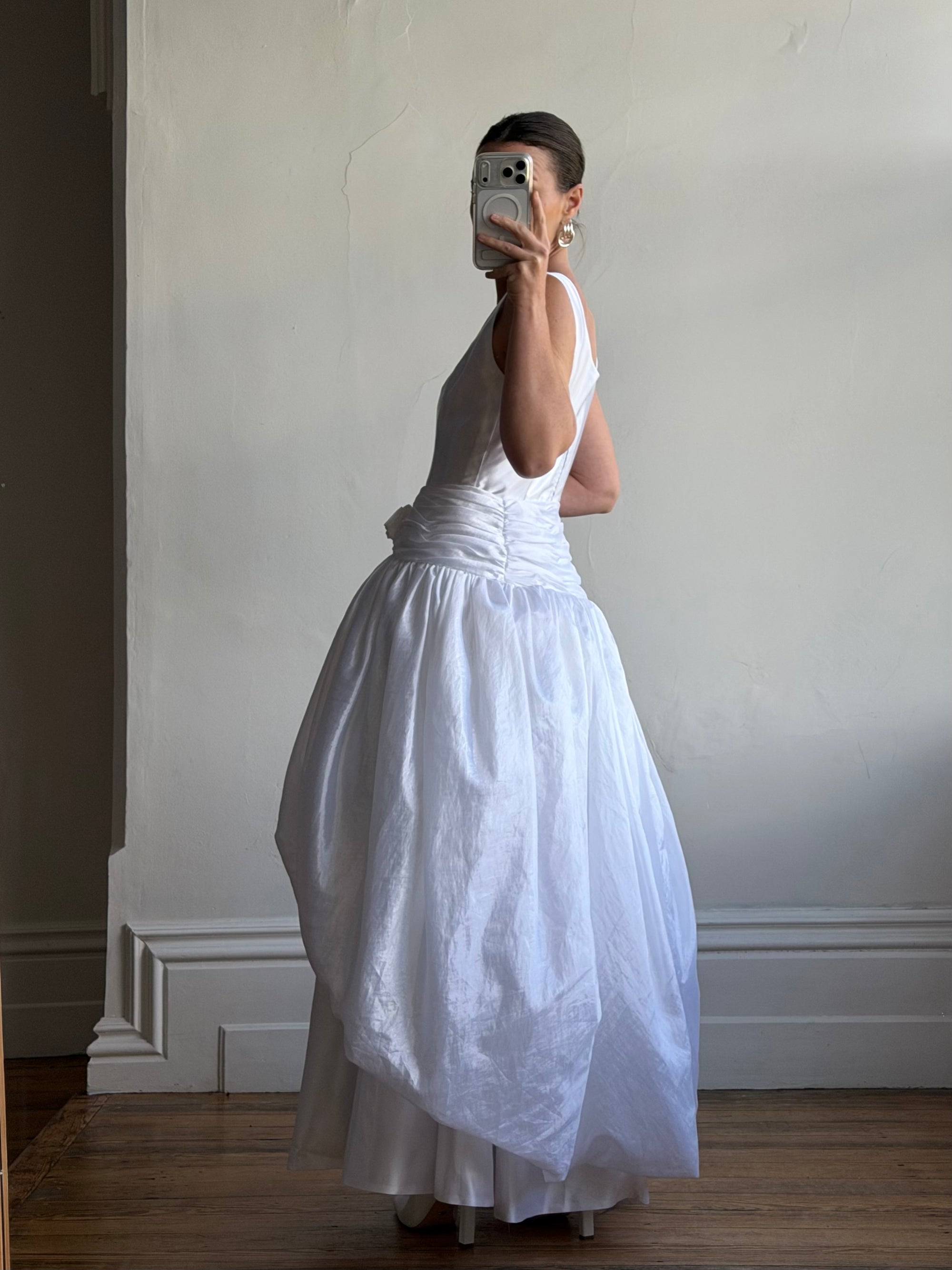 Vintage 90s Strappy Wedding Dress With Rosette Cape Pearl