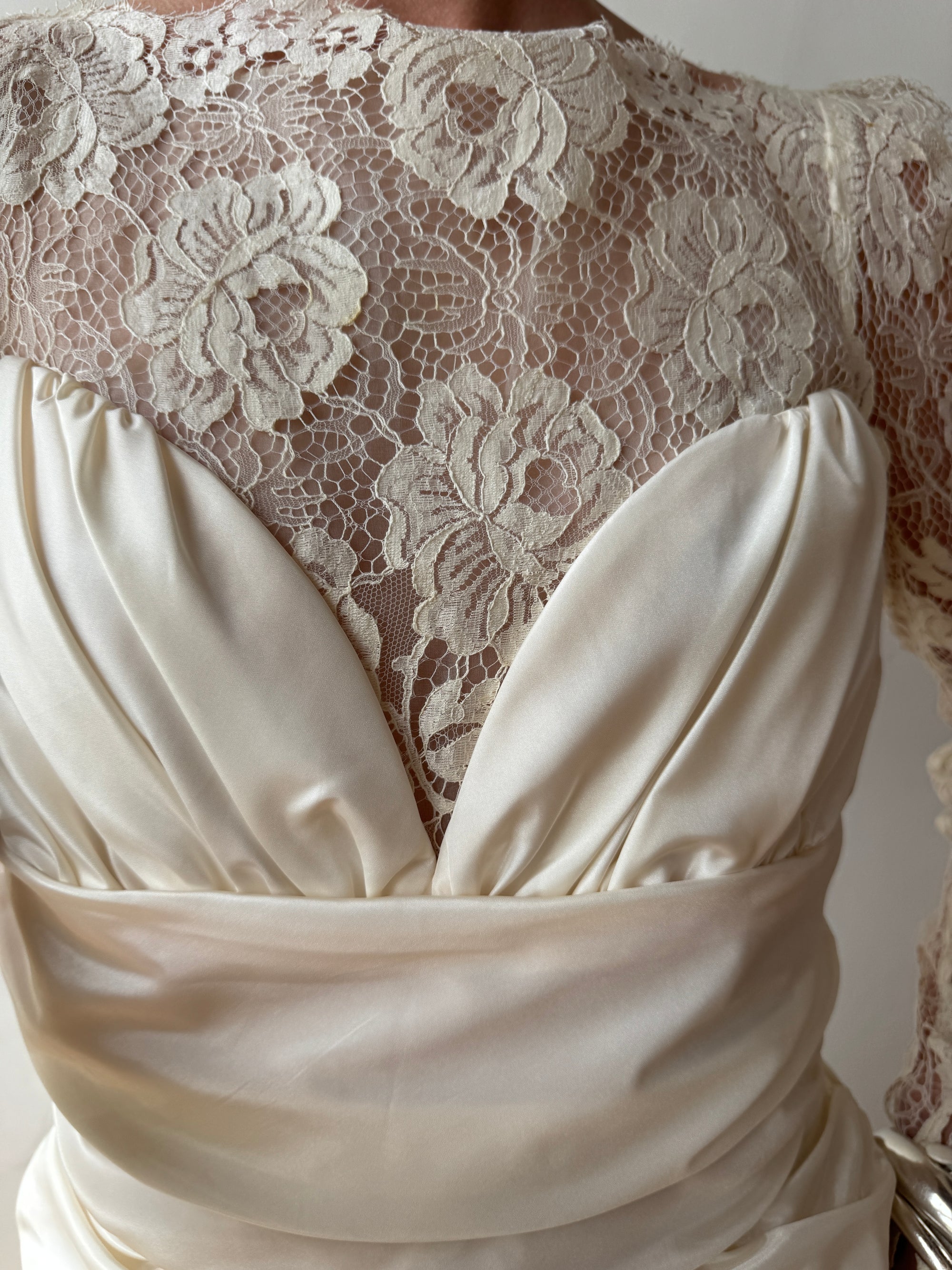 Vintage 80s Creme Taffeta Lace Midi Dress