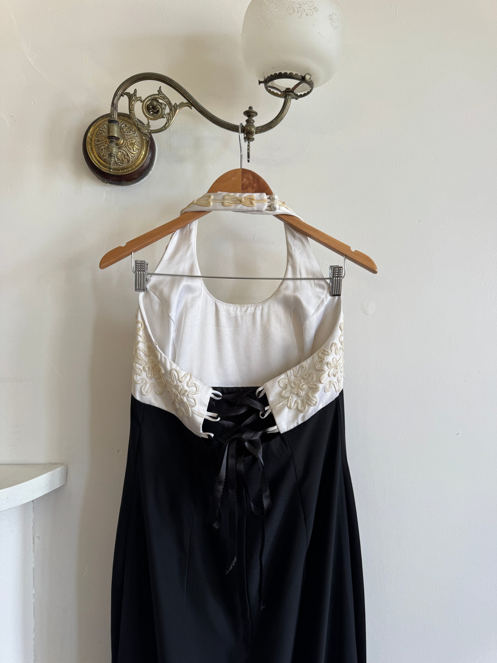 Vintage 90s Halter Crepe Contrast Rope Embroidery Midi Dress