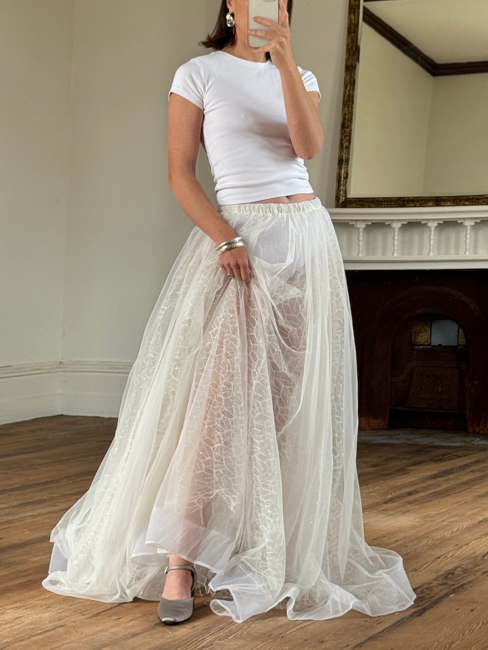 Vintage 80s Sheer Organza Webbed Lace Bridal Skirt
