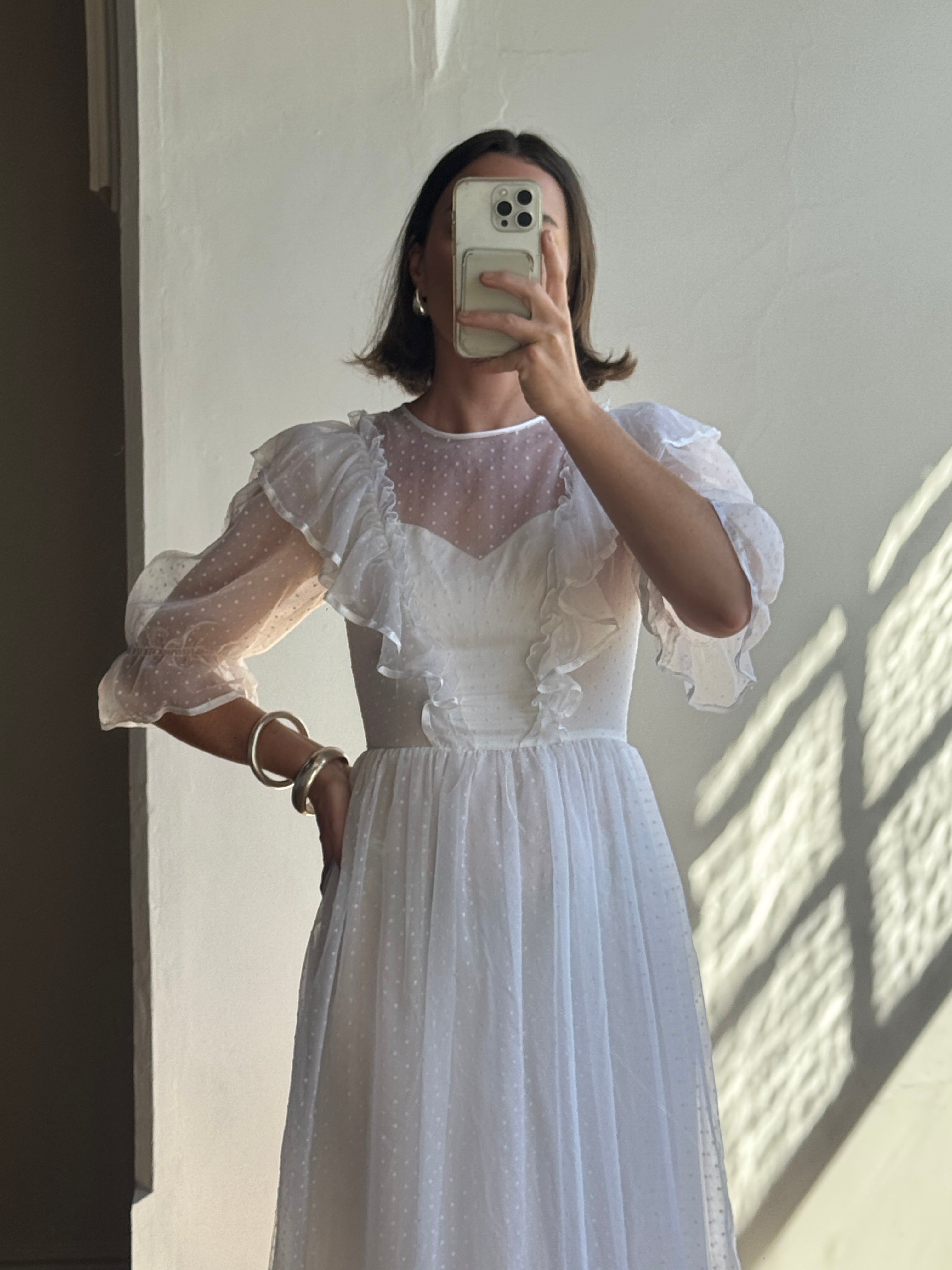 Vintage 70s Polka Chiffon Frill Wedding Dress