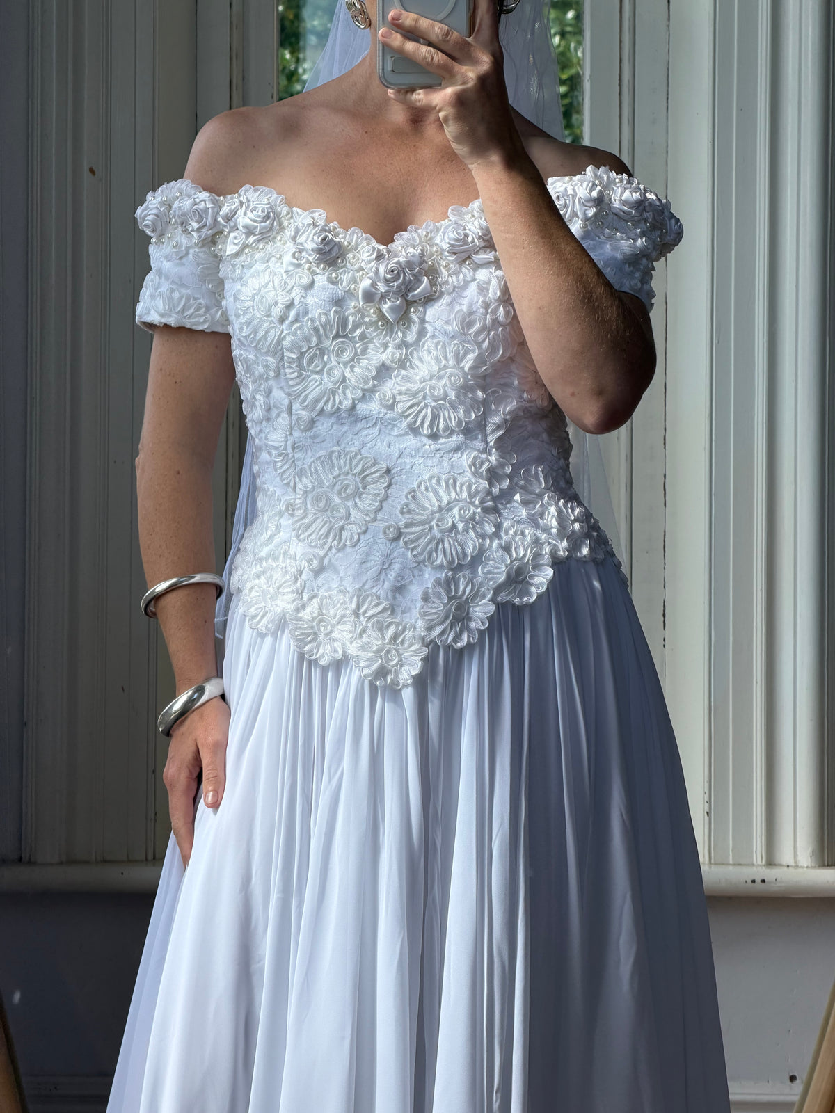 Vintage 80s 3D Floral Off Shoulder Bridal Gown and Veil