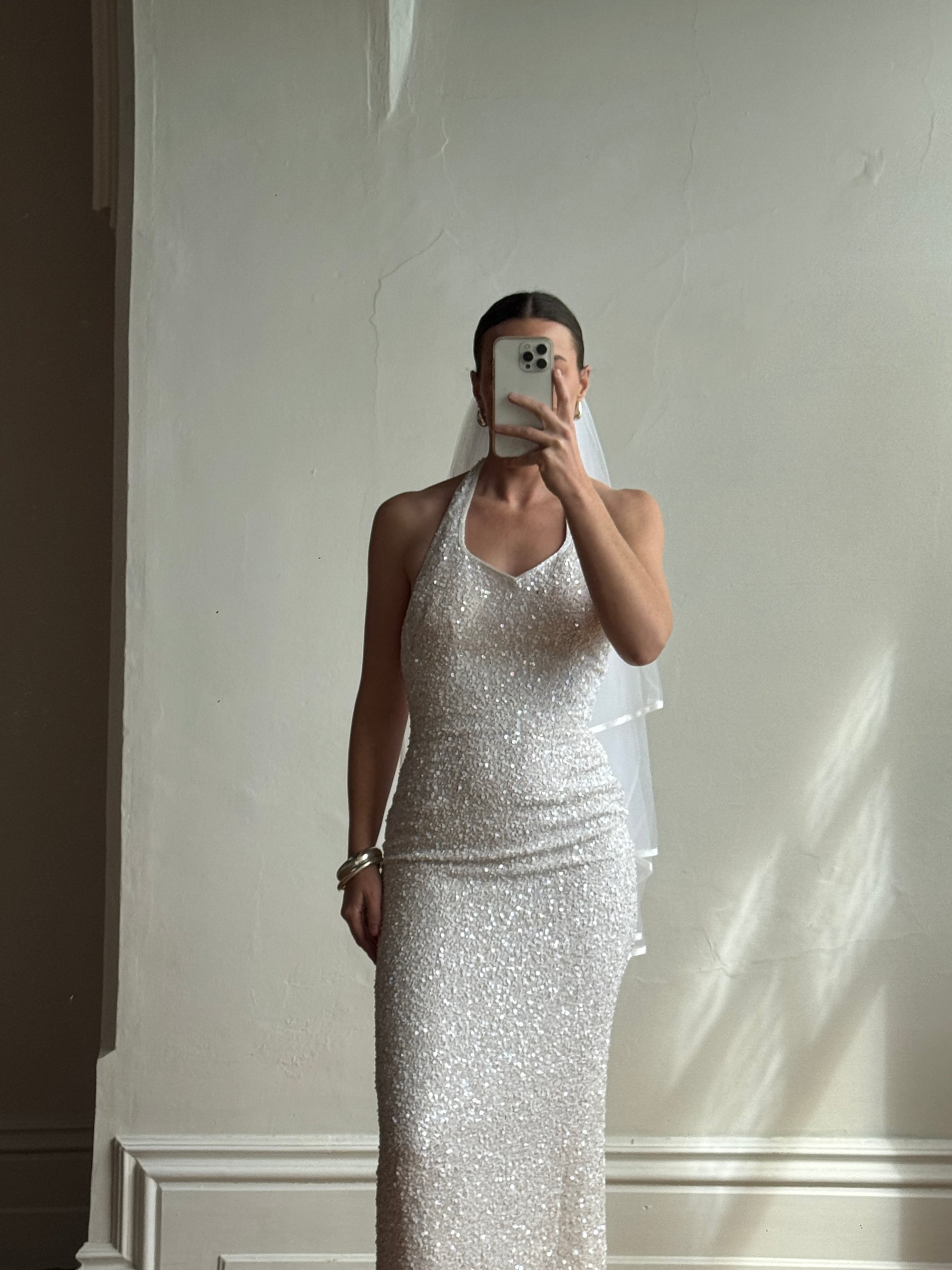 Vintage 90s Sequin Embellished Halter Bodycon Midi Dress White