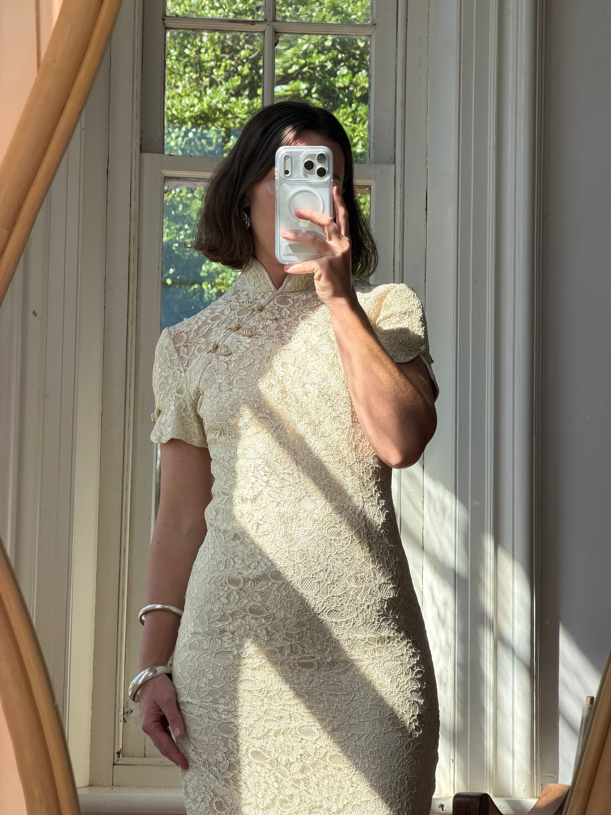 Vintage 90s Mandarin Collar Guipure Lace Midi Dress