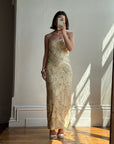 Vintage 90s Strapless Cream Ribbon Bead Embroidered Midi