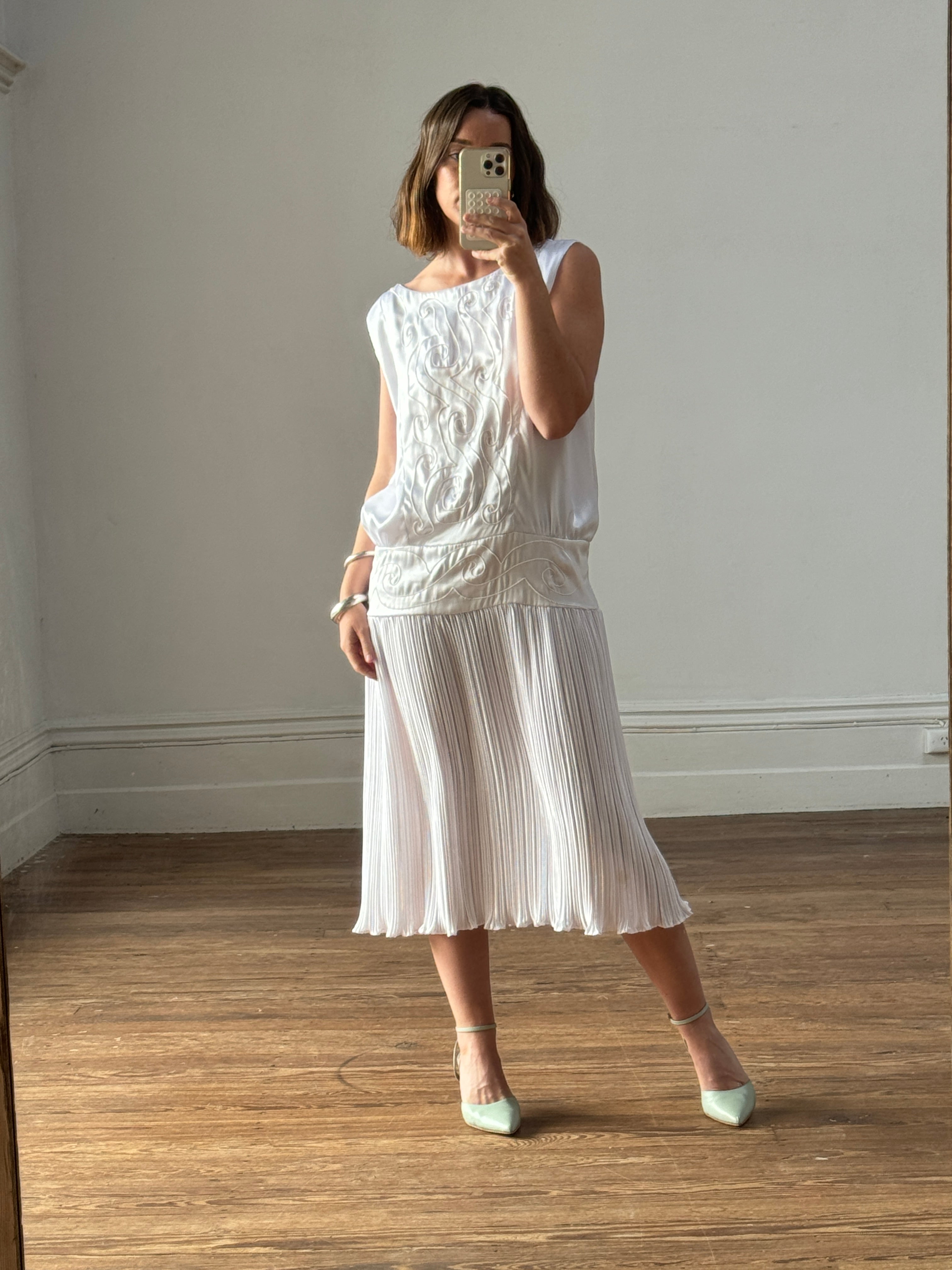 Vintage Embroidered White Satin Drop Waist Dress – Call Me The Breeze